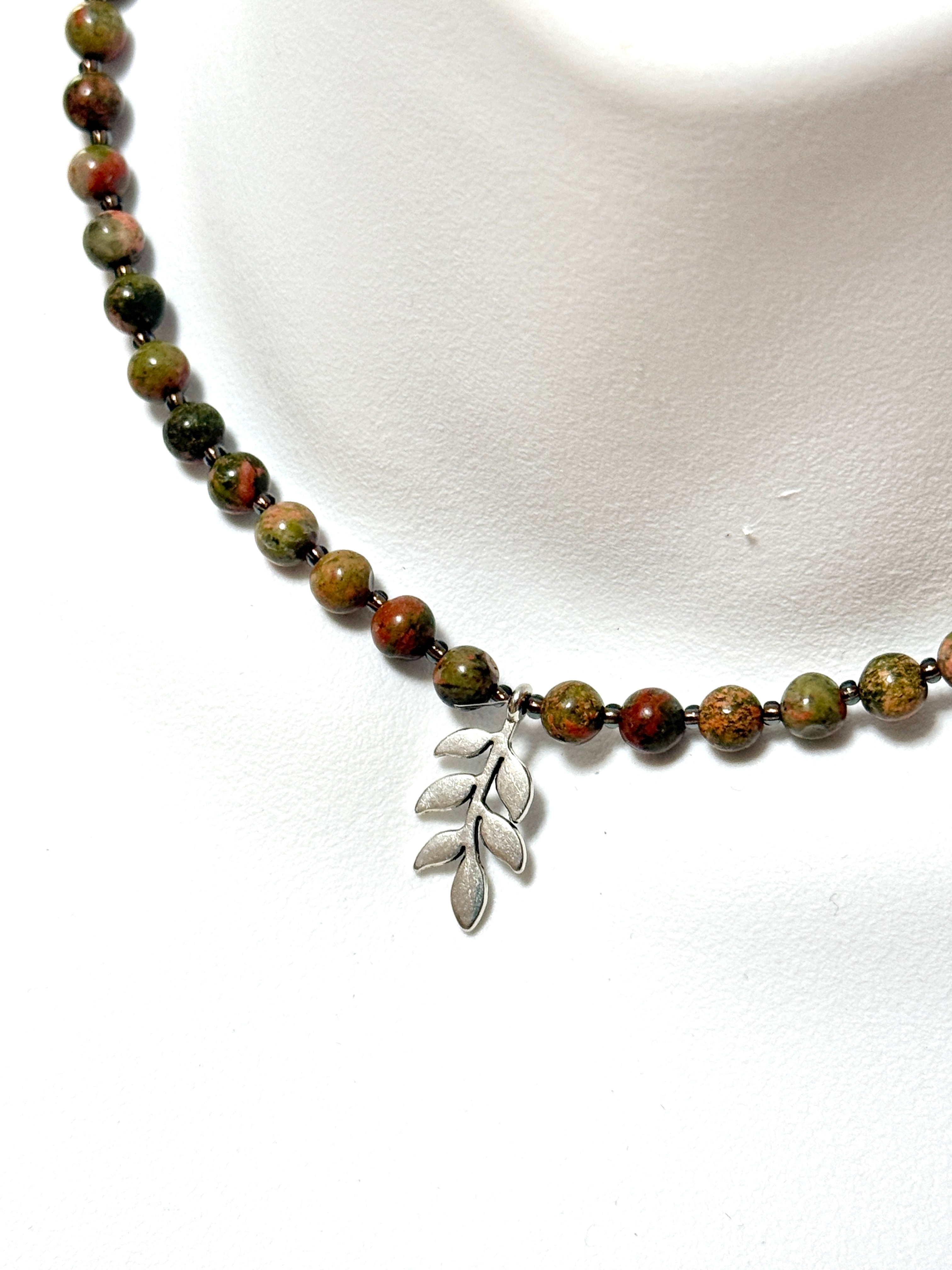 Green Unakite Short Necklace, Silver Leaf Branch Pendant