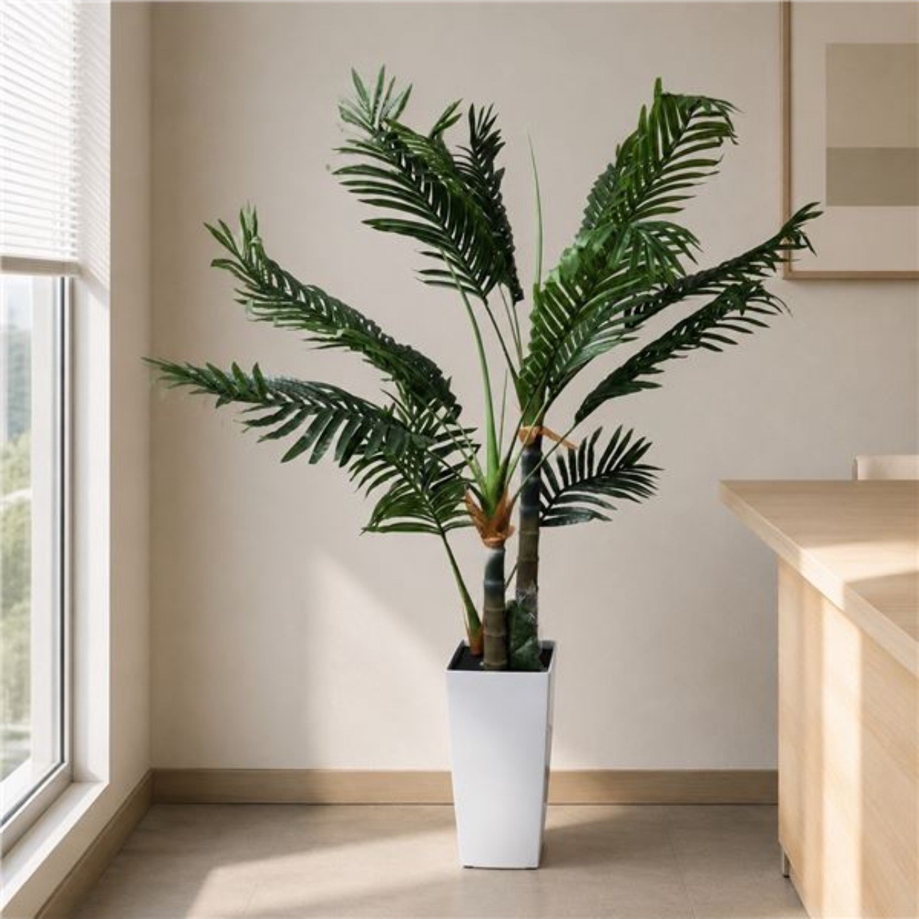 5FT Triple-Trunk Artificial Palm Tree with Tall White Planter
