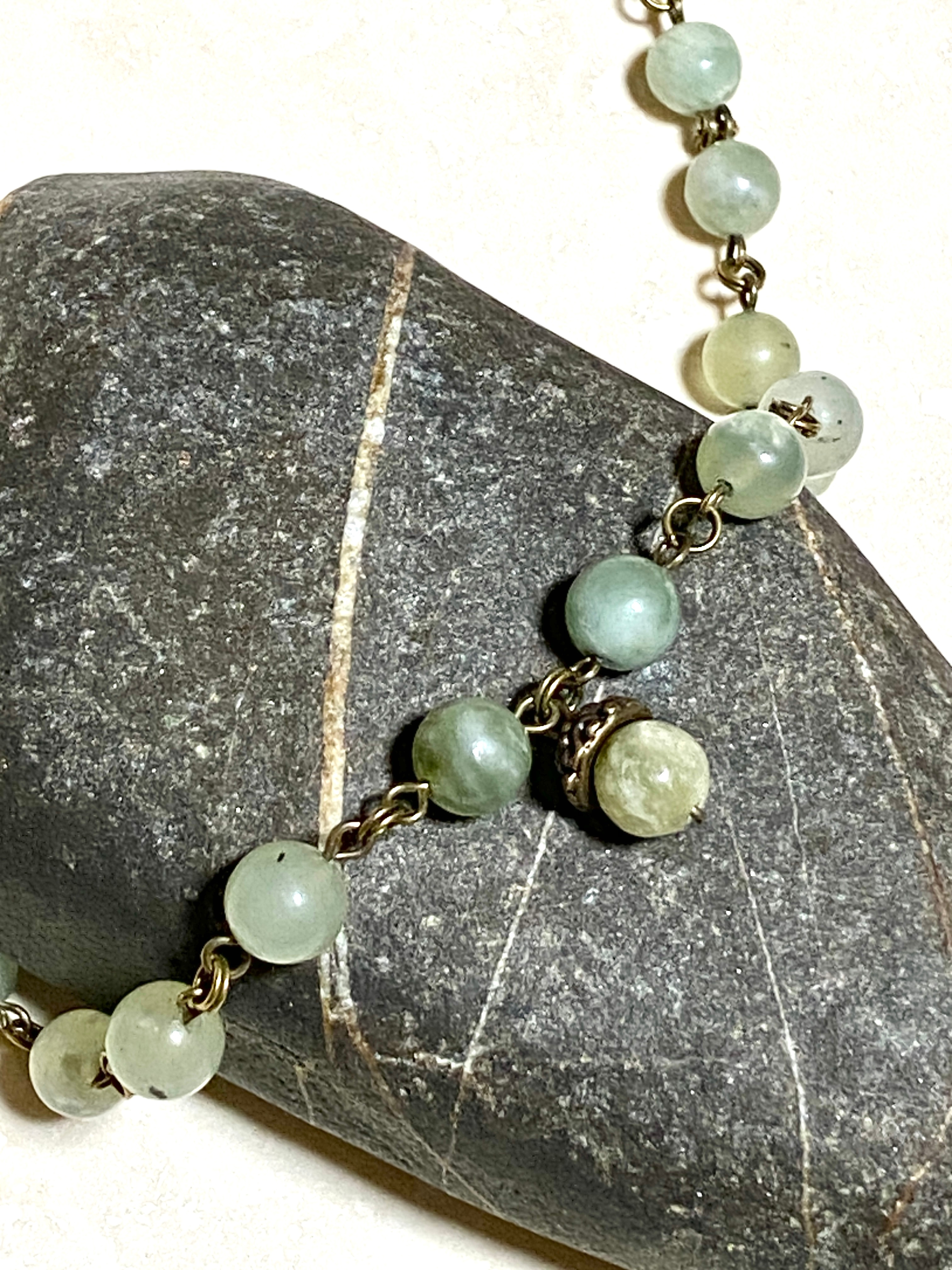 Mint Green Serpentine Short Necklace, Cute Bronze Acorn Pendant - photo 4