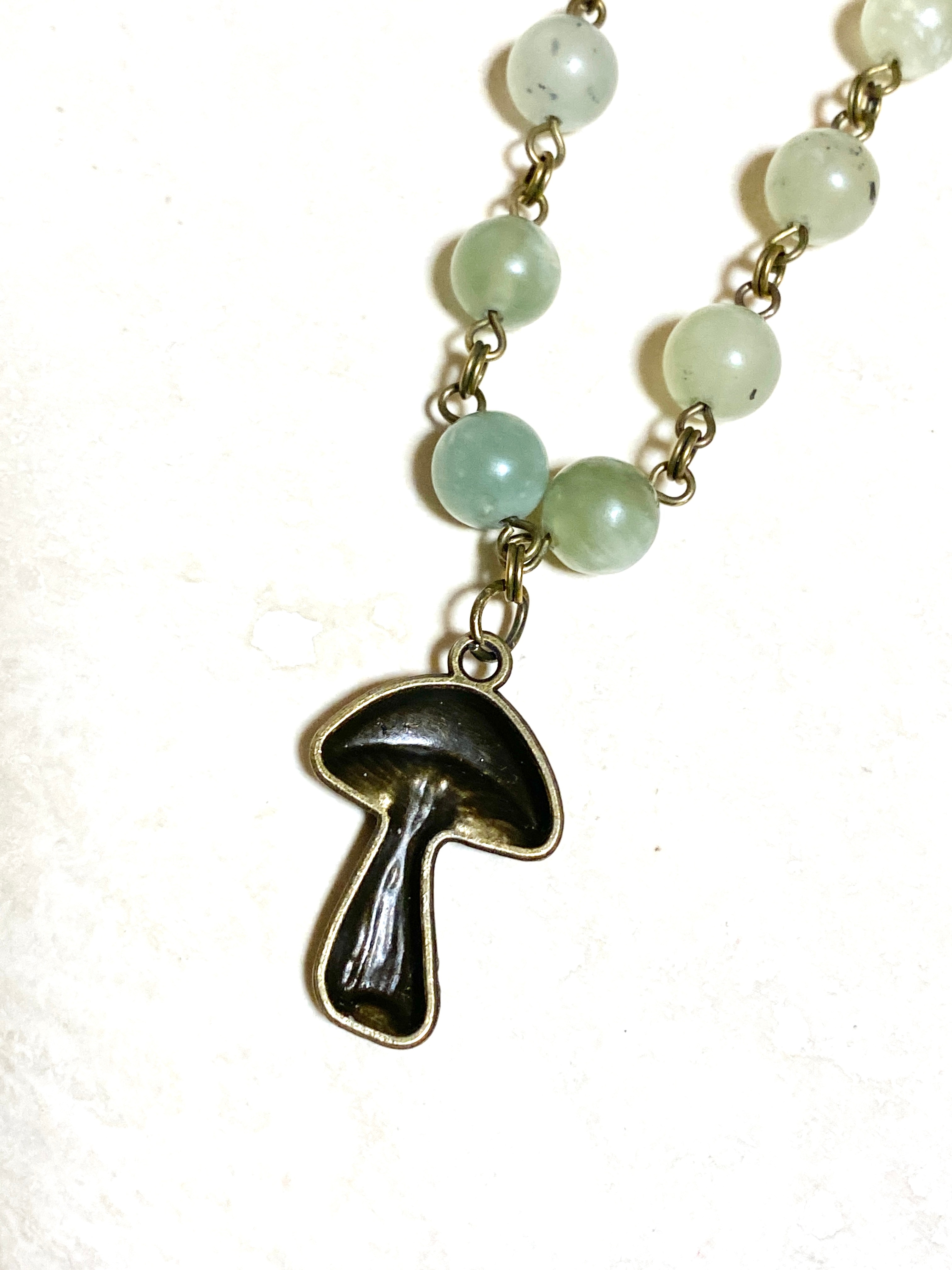 Mint Green Serpentine Short Necklace, Bronze Slim Mushroom Charm - photo 4