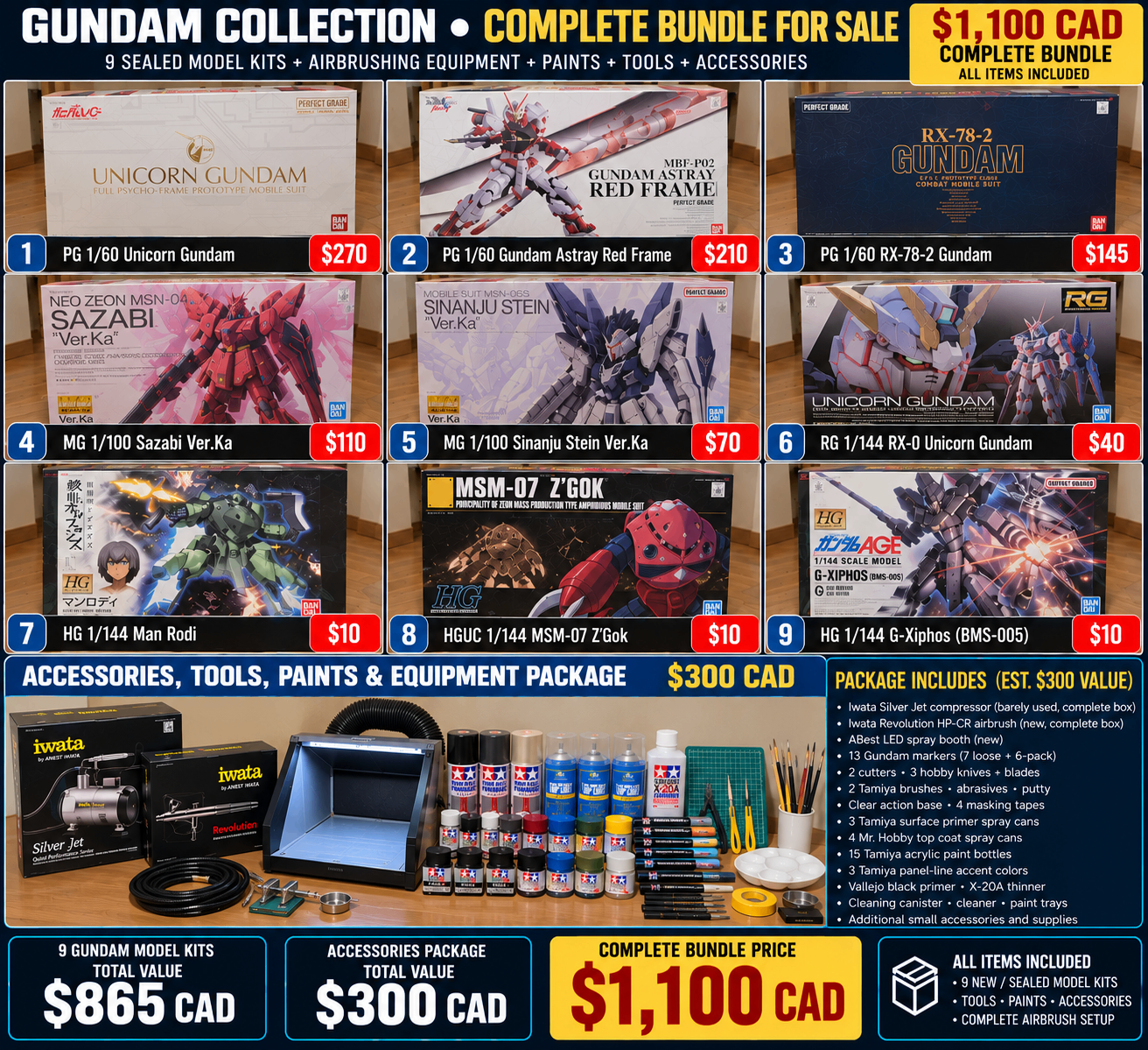 9 New Gundamn Kits (PG, MG, HG and RG) + Hobby Accessories