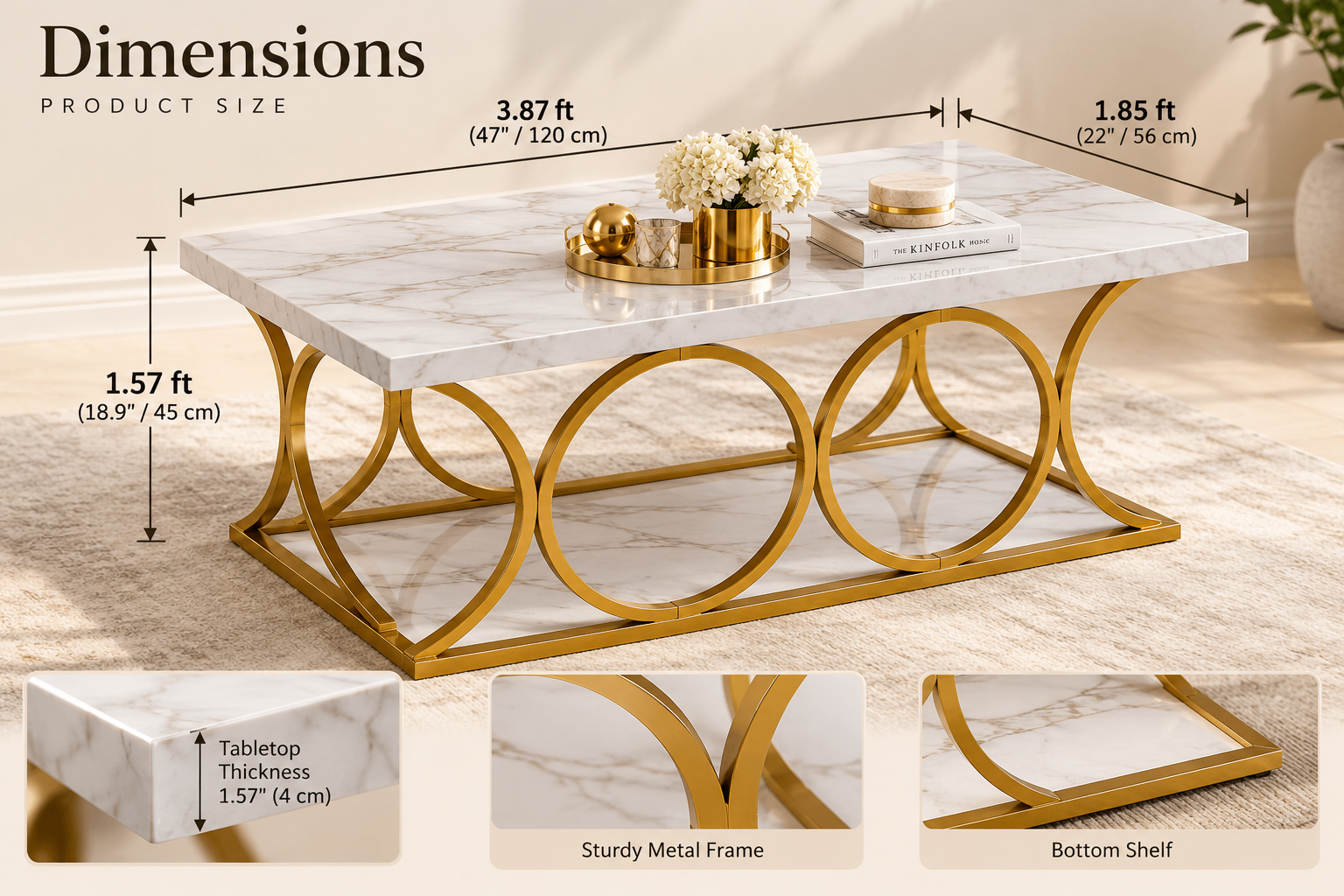 Modern Gold Marble Coffee Table – 47” - photo 2