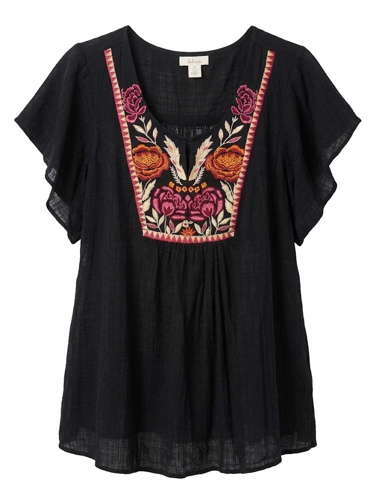 Style & Co Embroidered Floral Boho Black Size 2X Flutter Sleeve