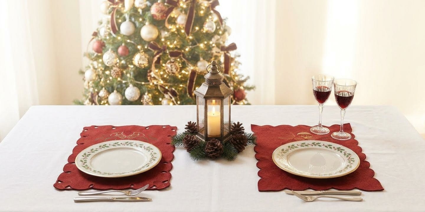 Christmas Table Cloth Scalloped Embroidery - Set of 2Pcs.