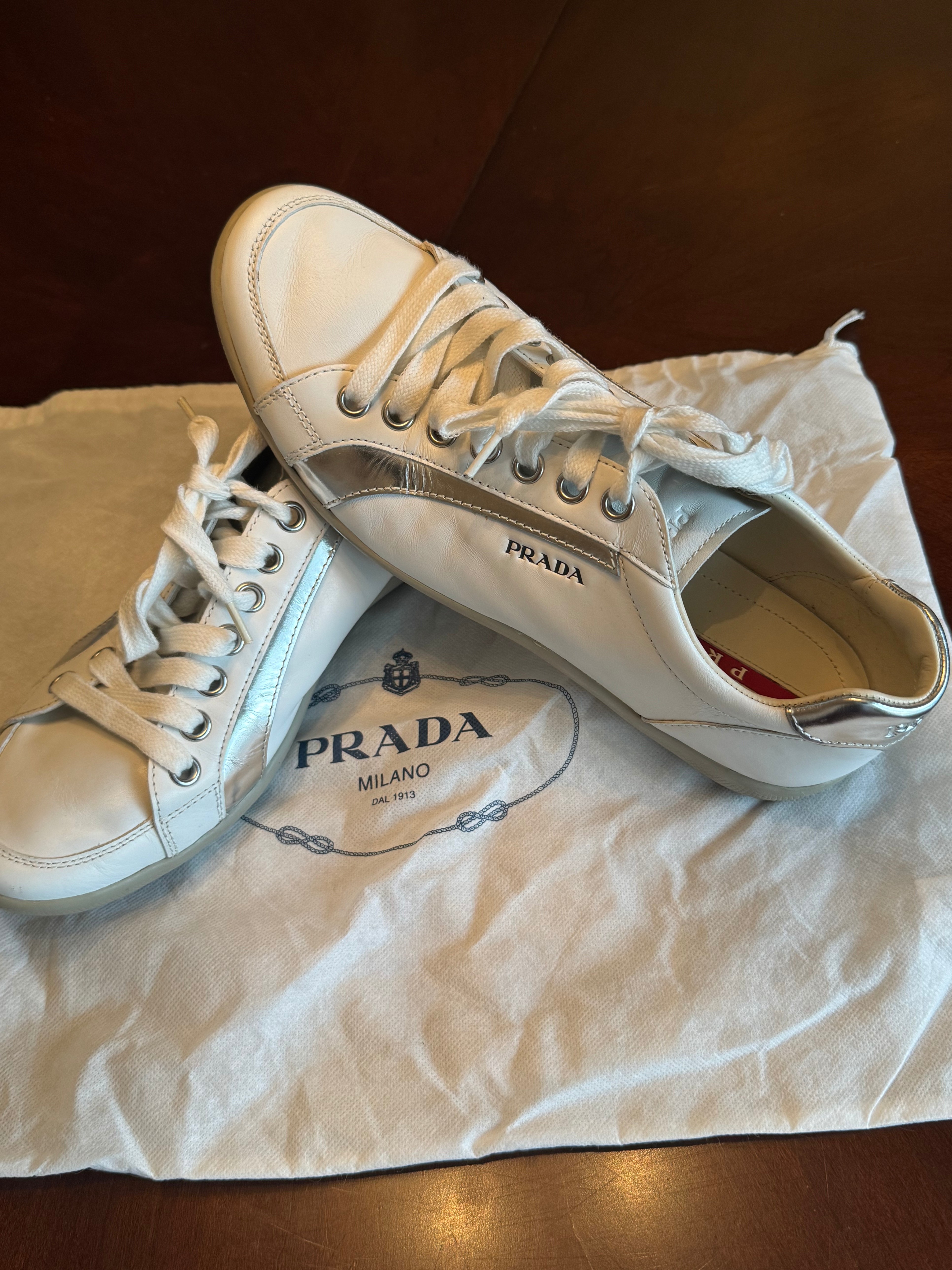 Prada mens white with silver stripes sport shoe - photo 3