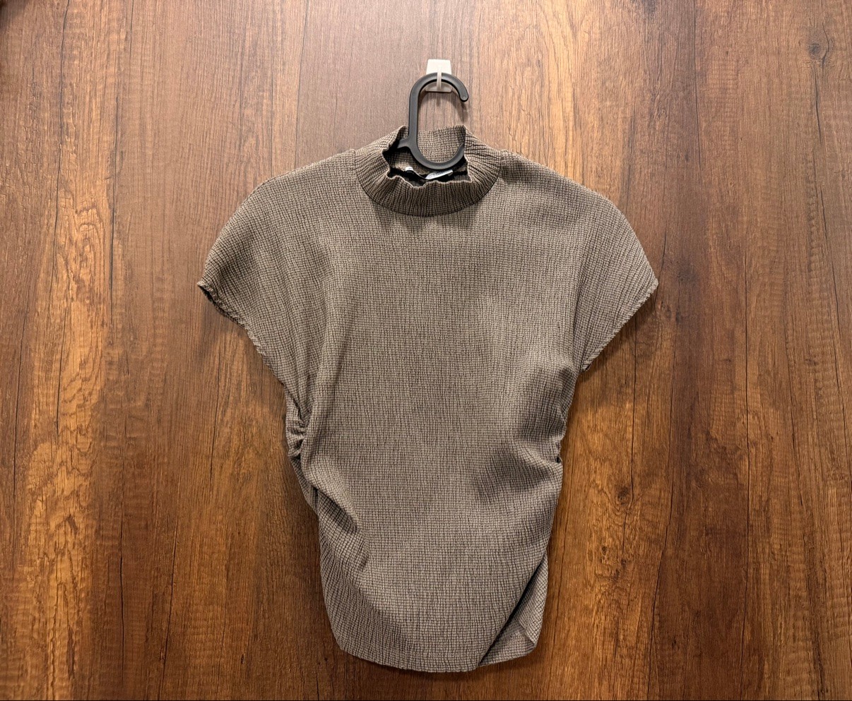 Zara Taupe Ribbed Mock-Neck Top, Size M