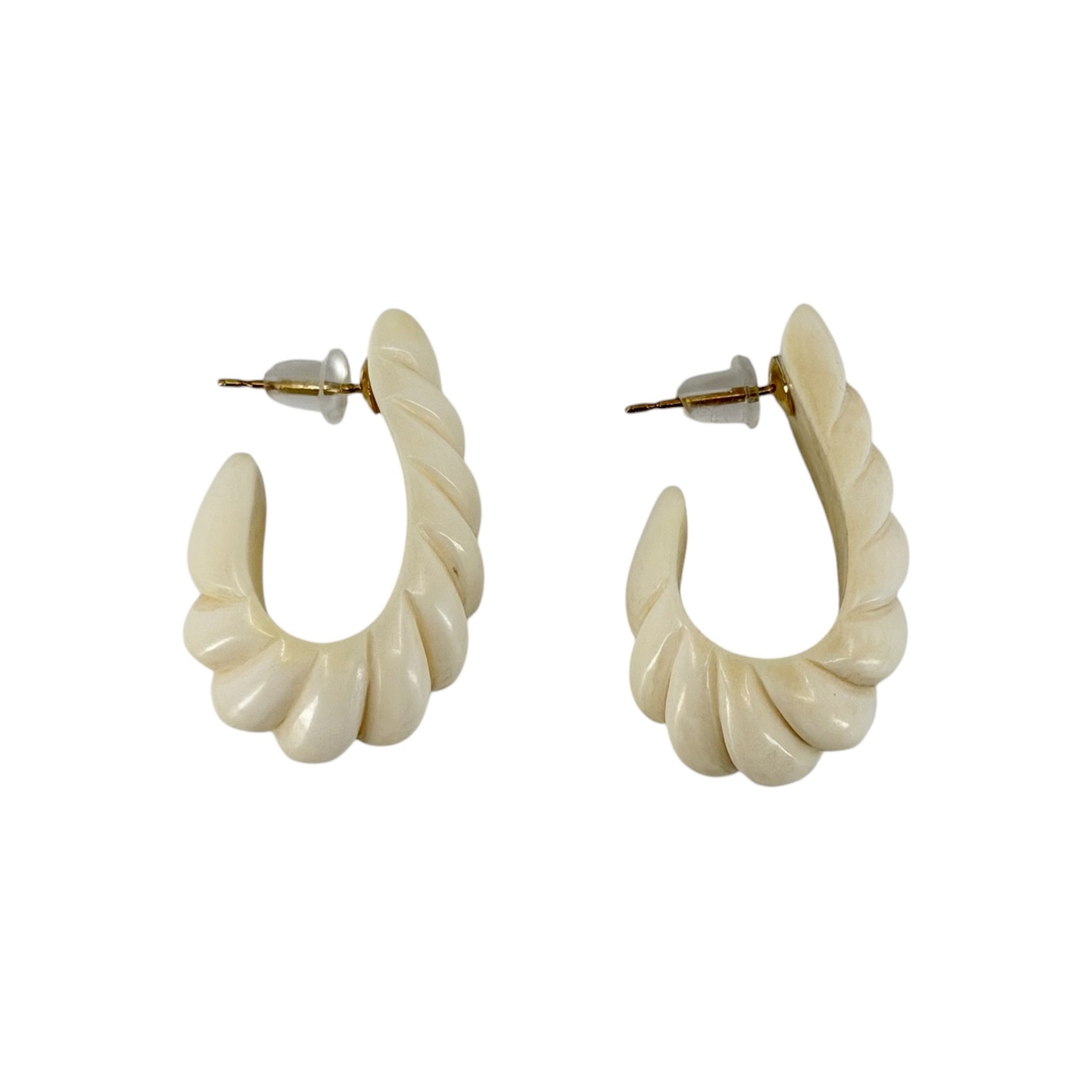 Vintage 14k gold carved bone shrimp J hoop earrings