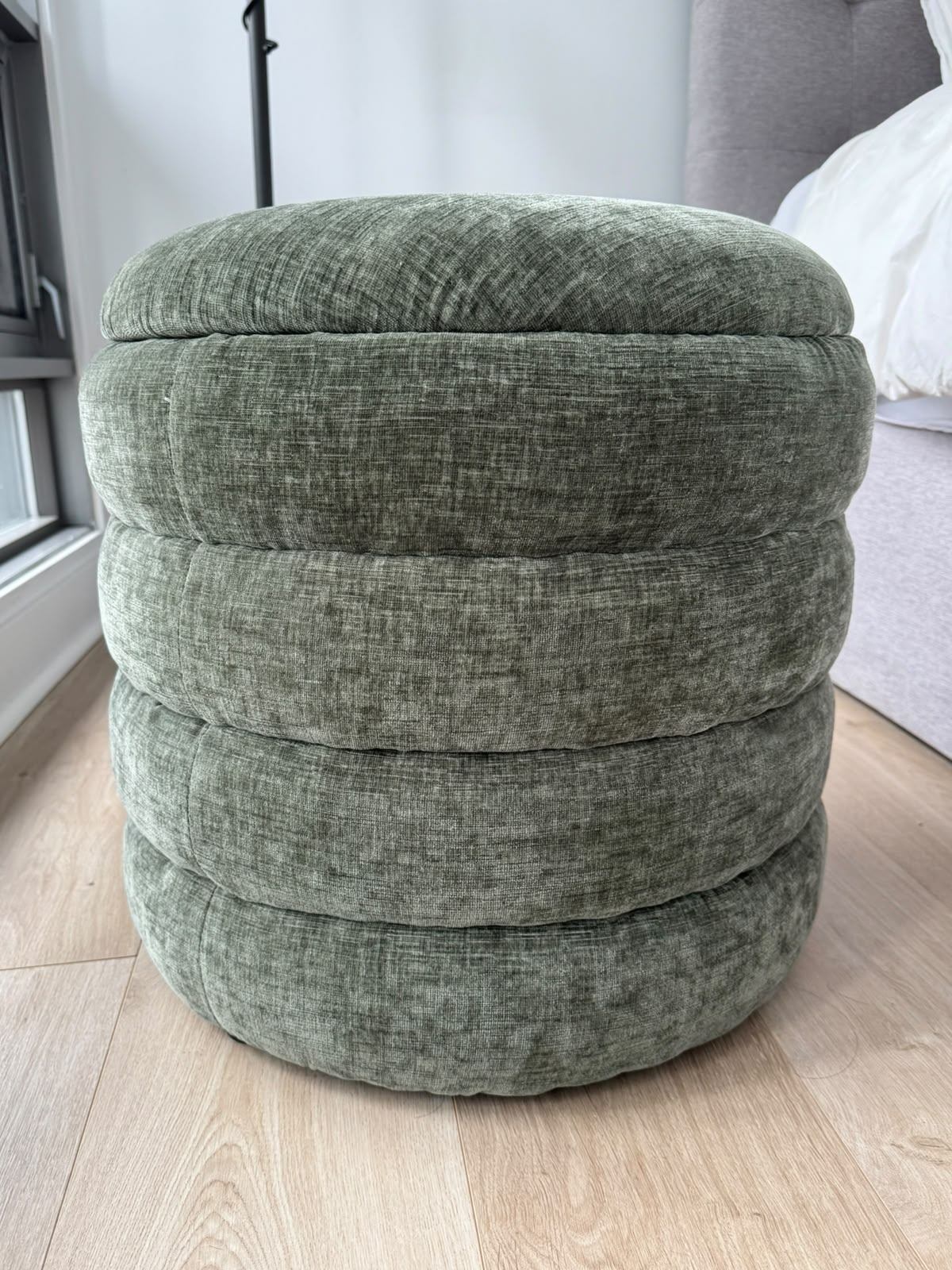 Green Velvet Storage Ottoman / Round Accent Stool, 18" x 18"