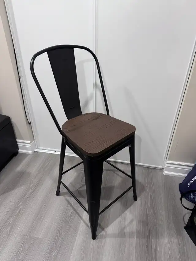 2 Industrial Metal Counter Stools | Dark Wood Seats - photo 2