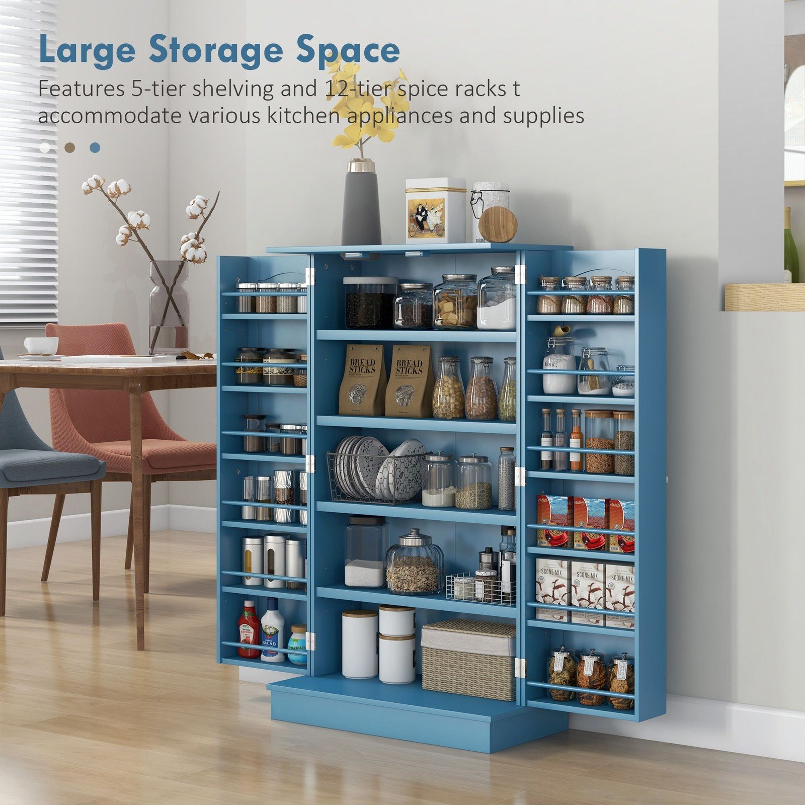 Elegant Blue Freestanding Kitchen Pantry Cabinet Double Doors - photo 4