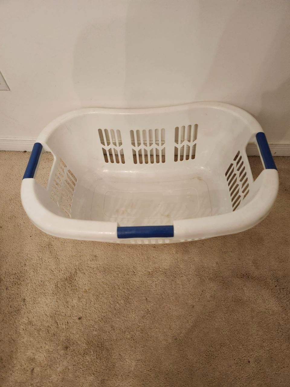White Laundry Basket with Blue Handles