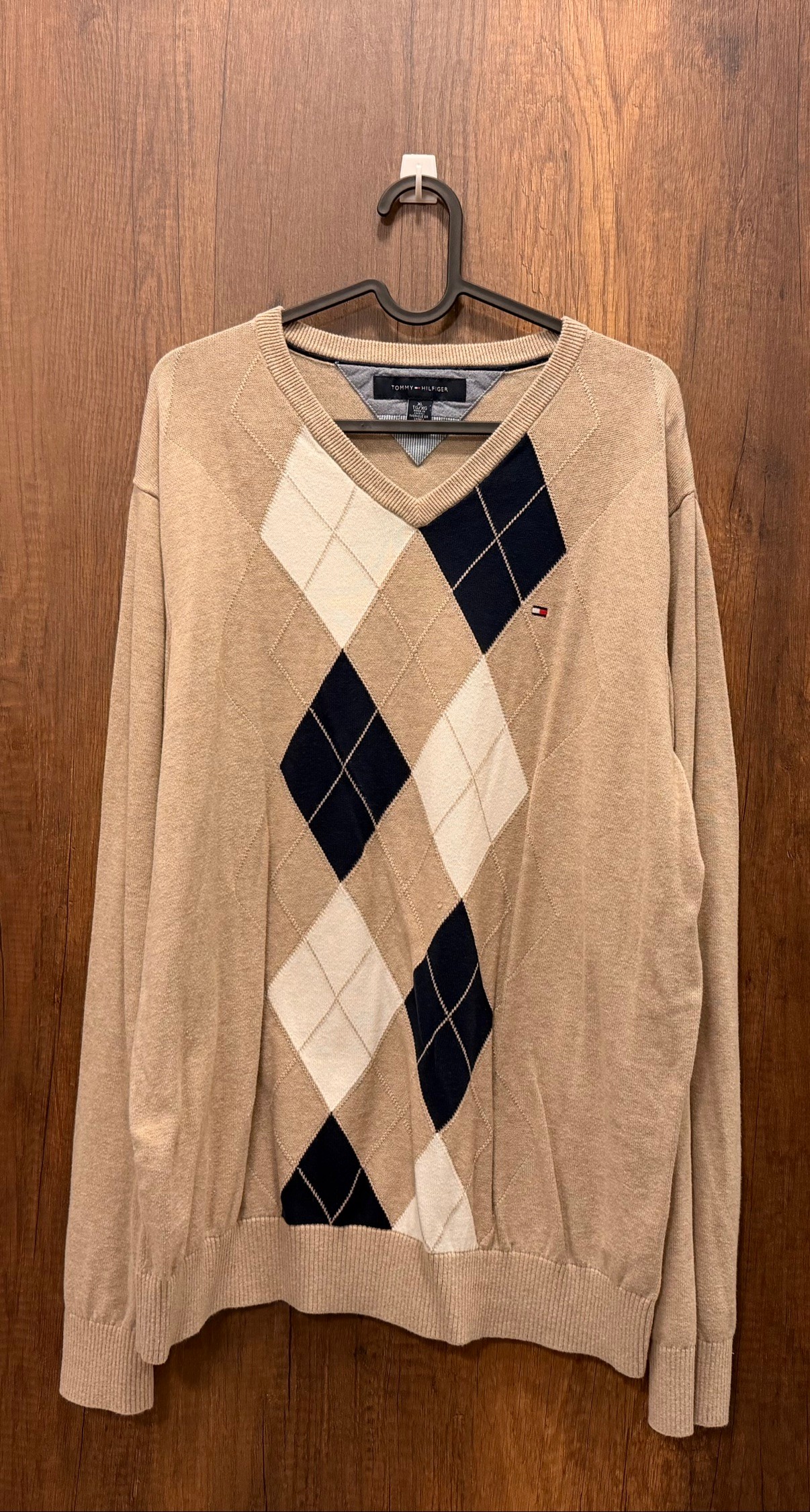 Tommy Hilfiger Beige Argyle V-Neck Sweater, Size XL