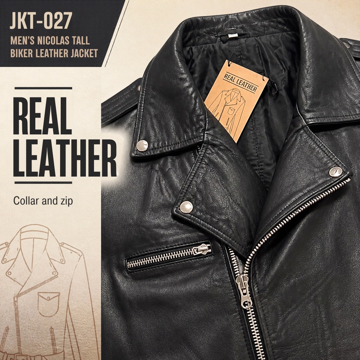 JKT-027 — Men's Nicolas tall leather biker — brand new, size 2XL - photo 3