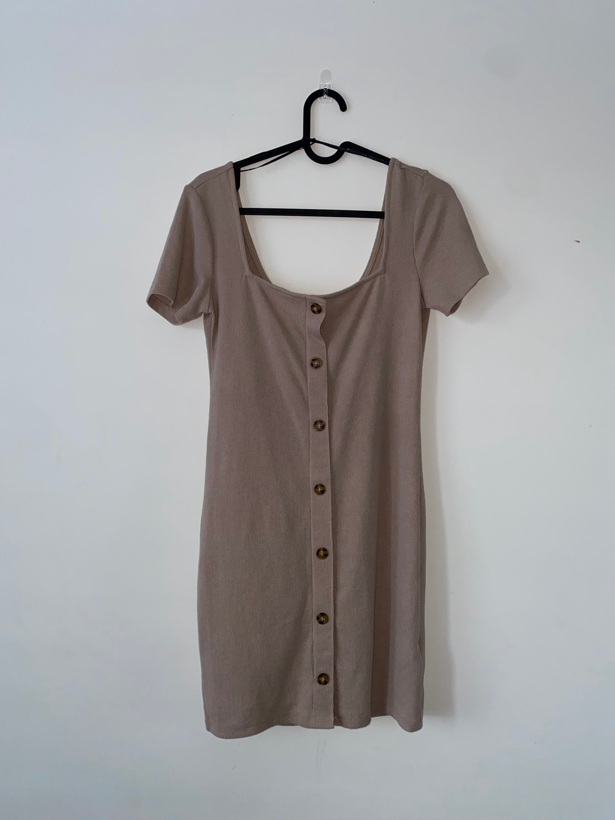 H&M Ribbed Button-Front Mini Dress — Taupe, Size S