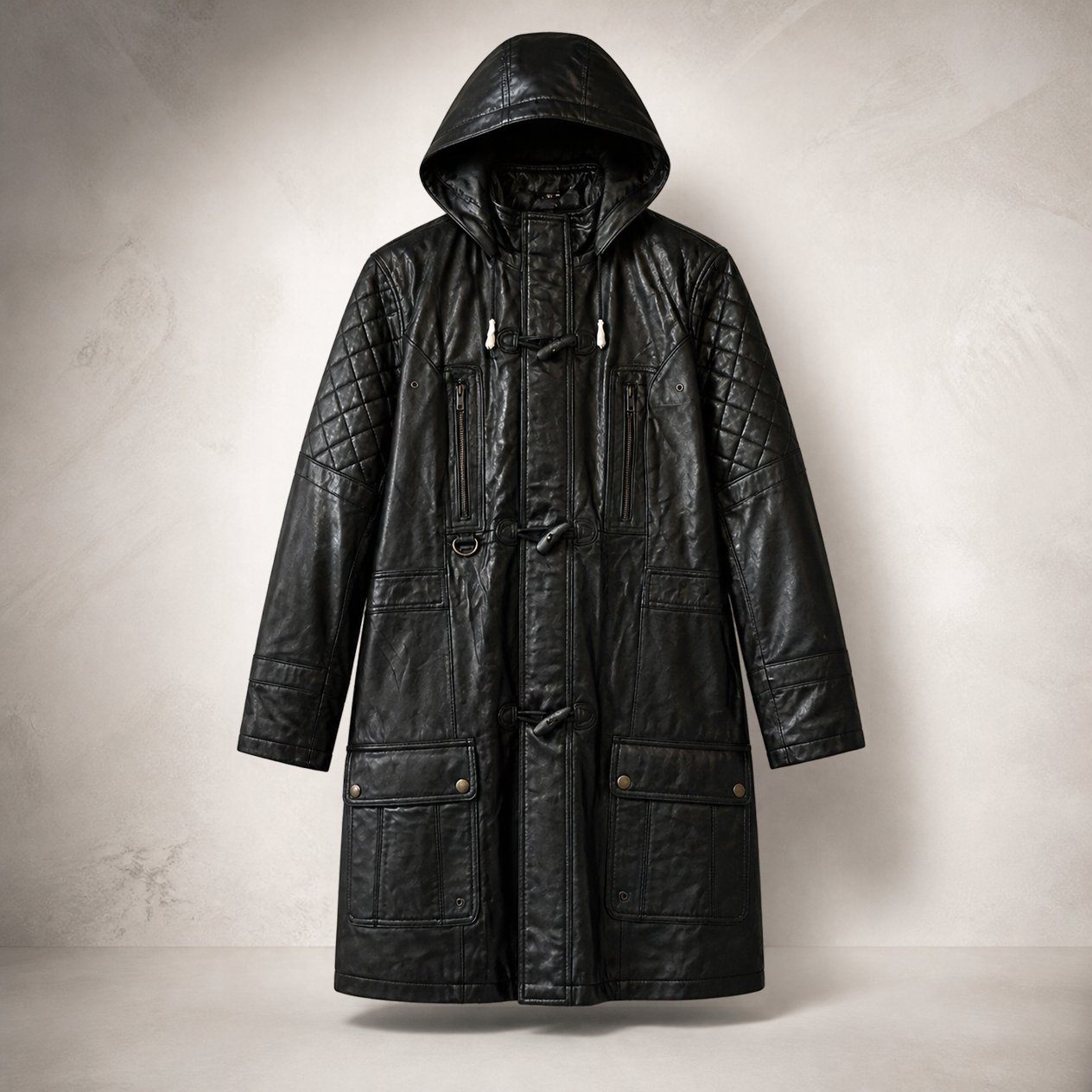 JKT-002 — Men's leather hooded long coat — brand new, size 2XL - photo 5