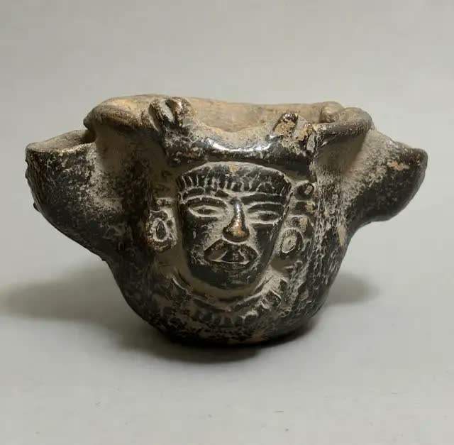 Pottery Jug Pre-Columbian Style Carved Face Twin Spouts