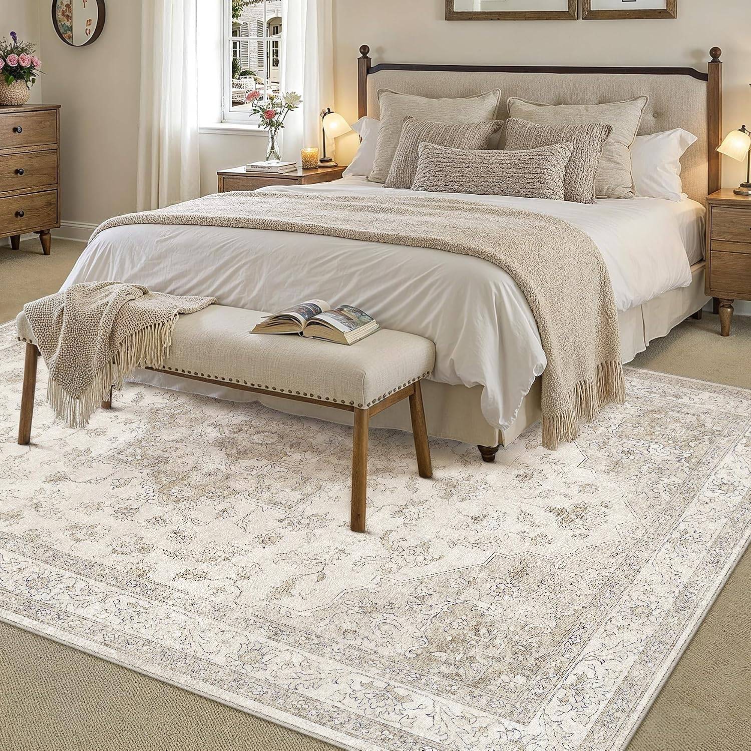 8x10 Rug Washable Beige Low Pile Living Room