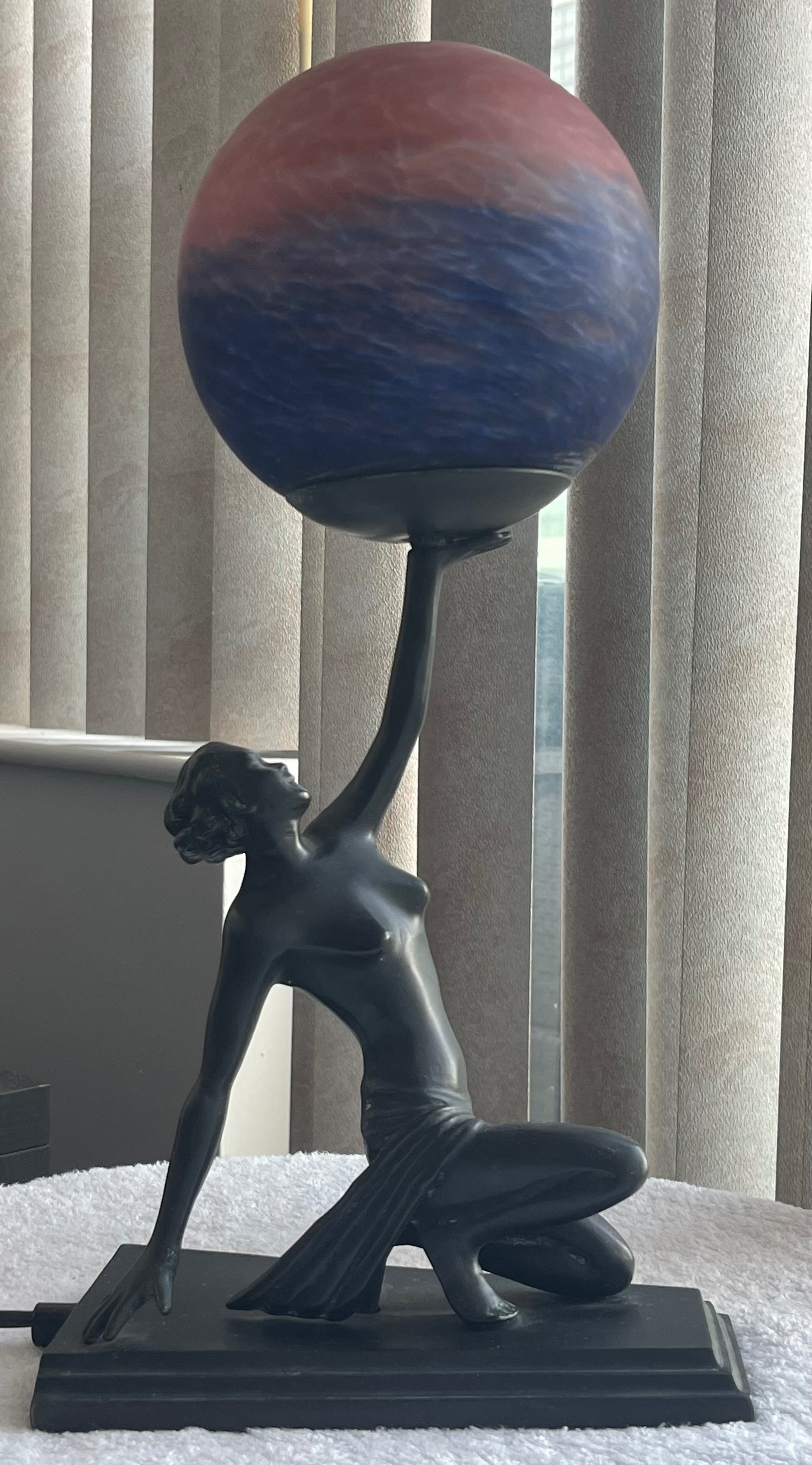 Vintage Art Deco Nymph Table Lamp - Sunset Art Glass Globe - photo 3