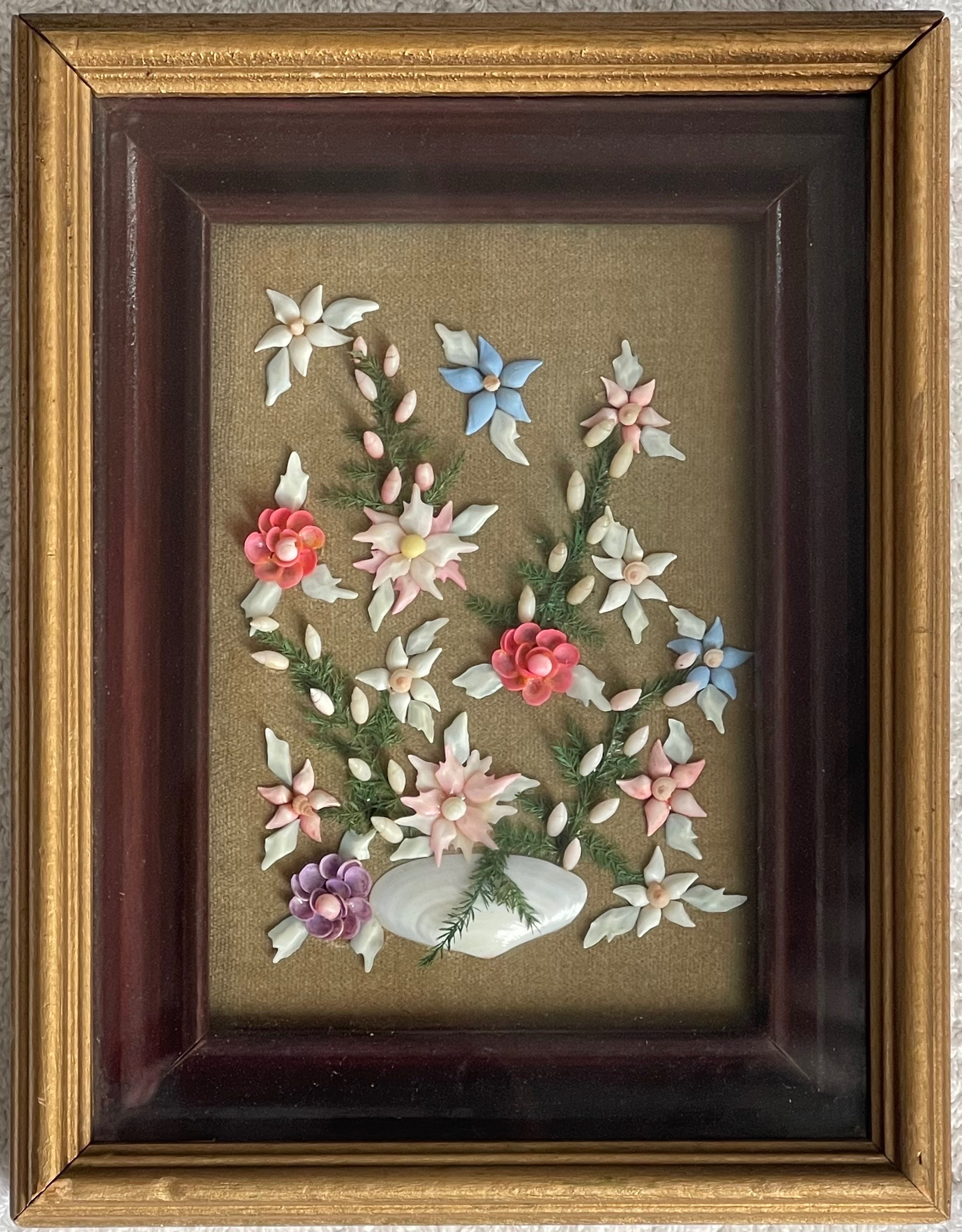 Vintage 1960s 3D Seashell Floral Bouquet Shadowbox Frame