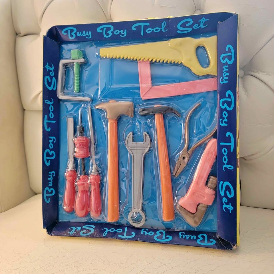 vintage plastic Busy Boy Tool Set toy package featuring