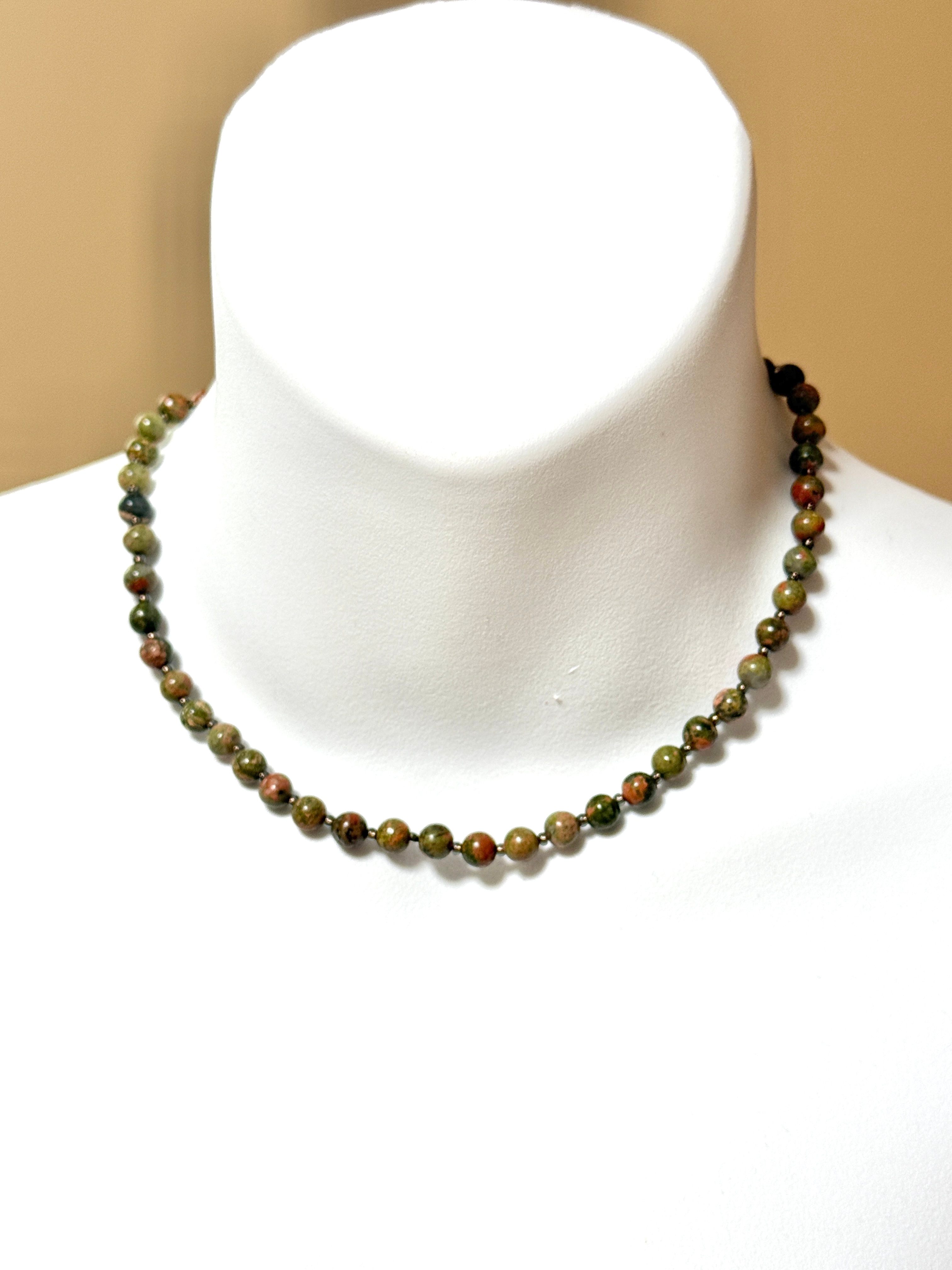 Green Unakite Short Necklace, Genuine Gemstone Beaded Necklace - photo 2