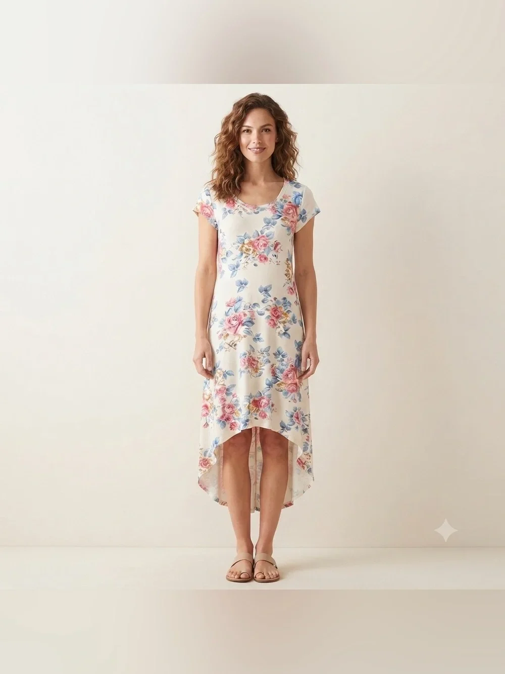 Magazine Short Sleeve Scoopneck Floral High Low Soft Dress Sz L