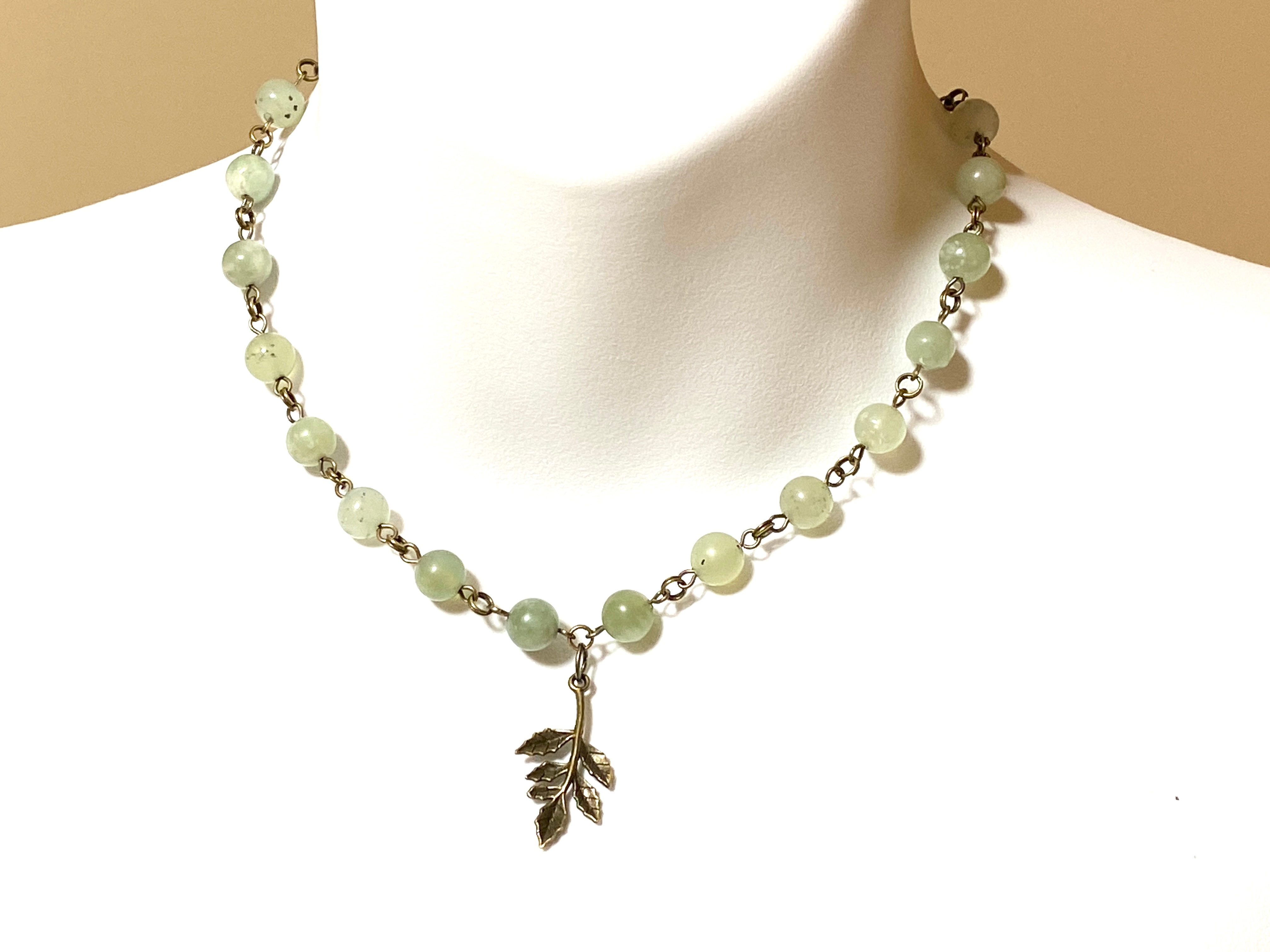 Mint Green Serpentine Short Necklace, Bronze Leaf Branch Pendant - photo 2