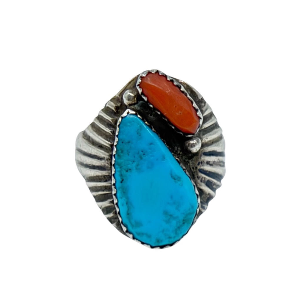 Navajo sterling silver turquoise & coral ring - photo 3