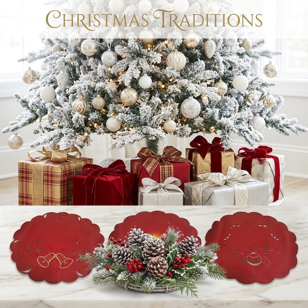 Christmas Table Cloth Scalloped Embroidery - Set of 3 (round)