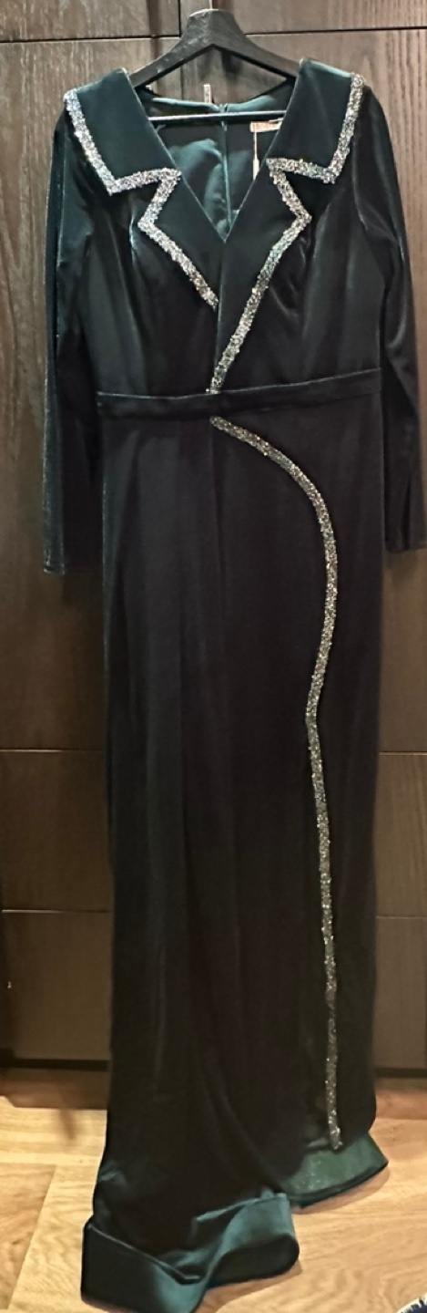 Gorgeous dark green velvet maxi dress with embellished collar - photo 5