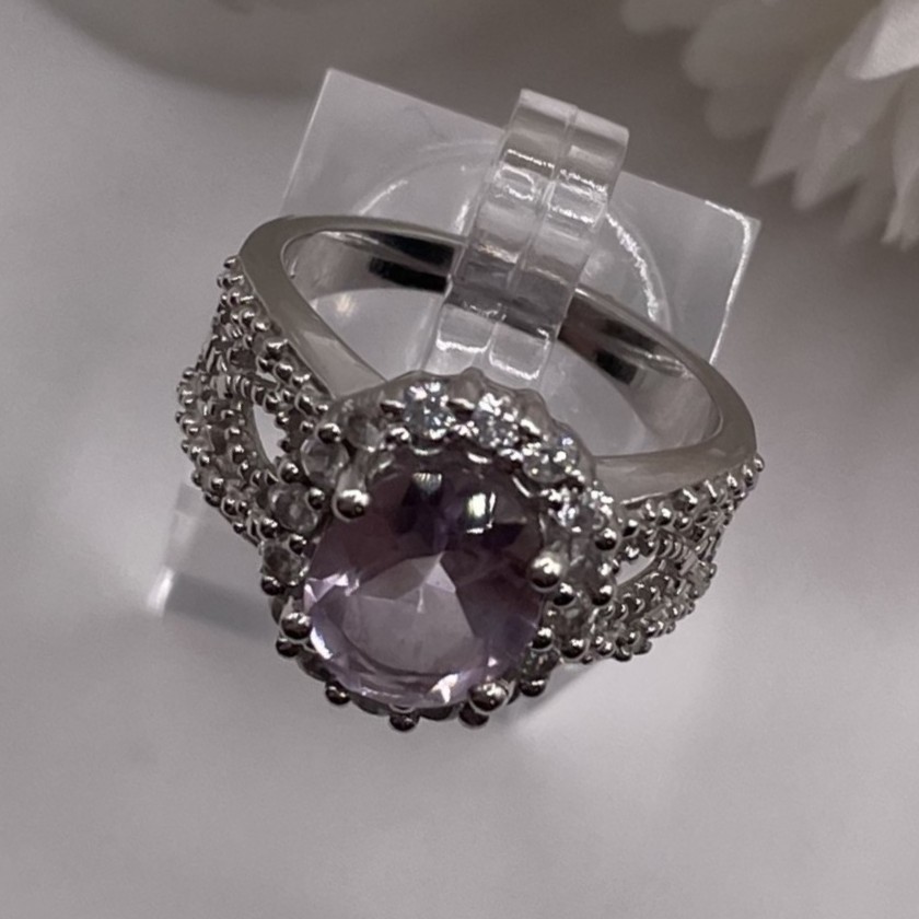 Amethyst & Cubic Zirconia Sterling Silver Ring (Size 7)