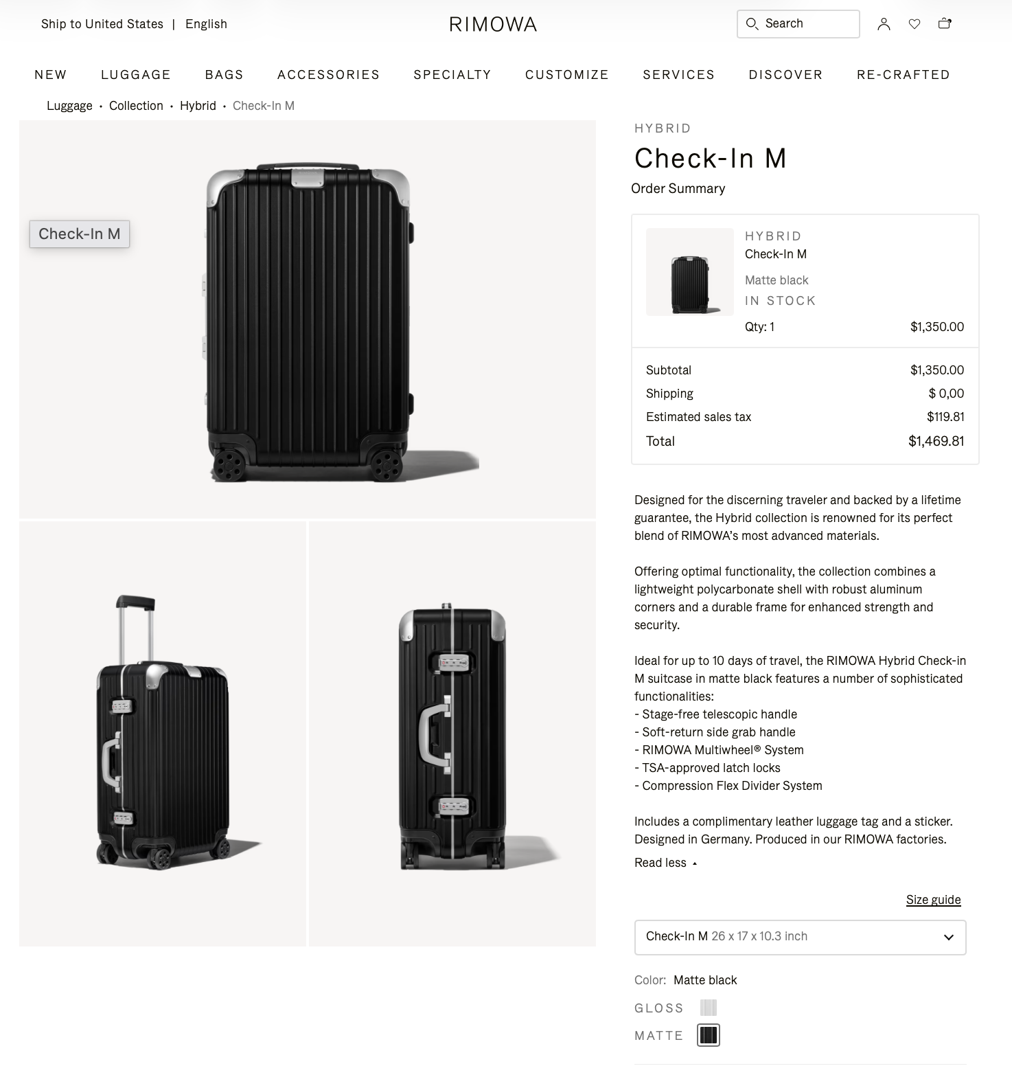Rimowa HYBRID Check-In M Matte Black Suitcase NEW - photo 5