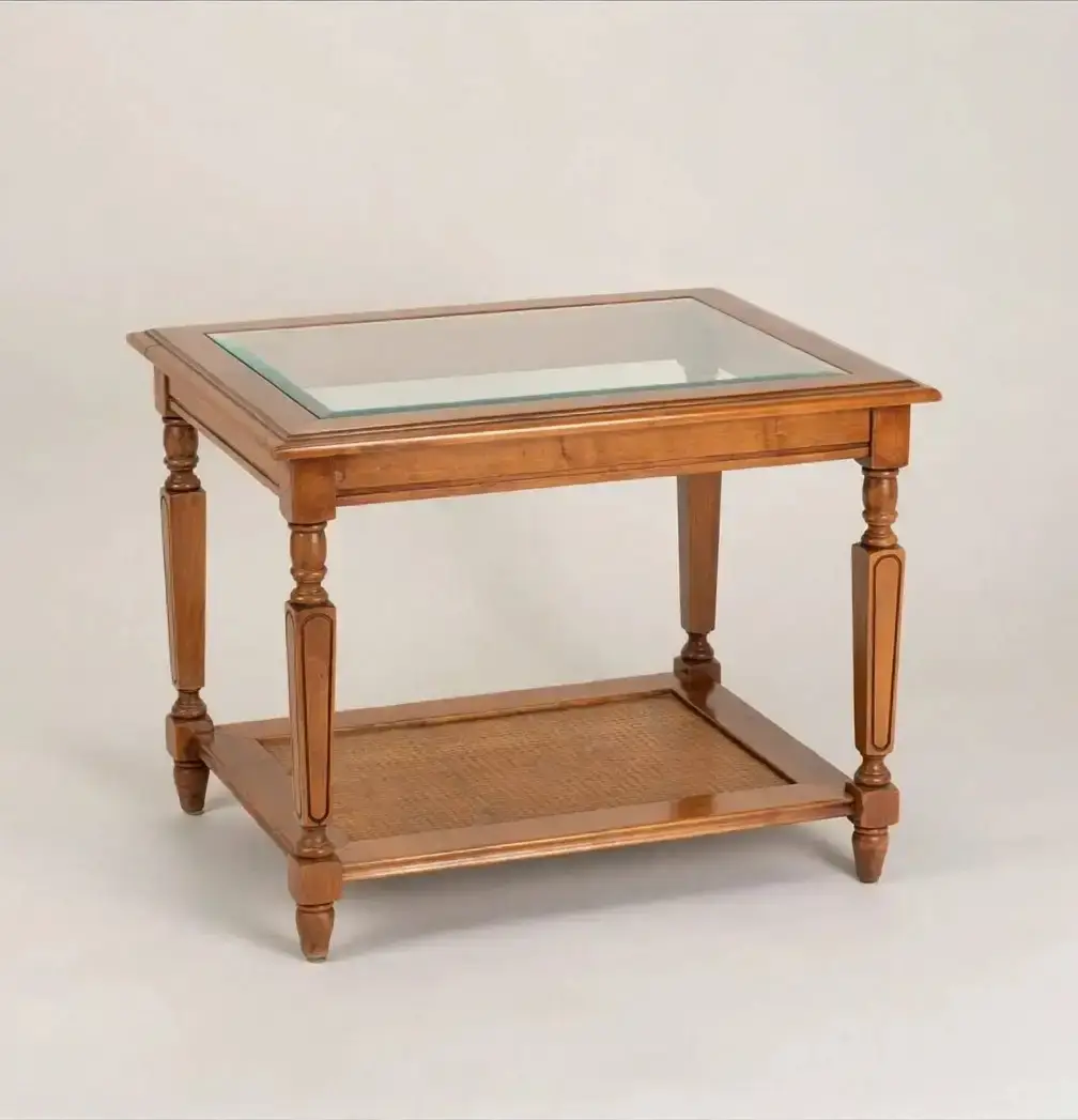 Wood End Tables Pair with Glass Tops, Pecan Finish