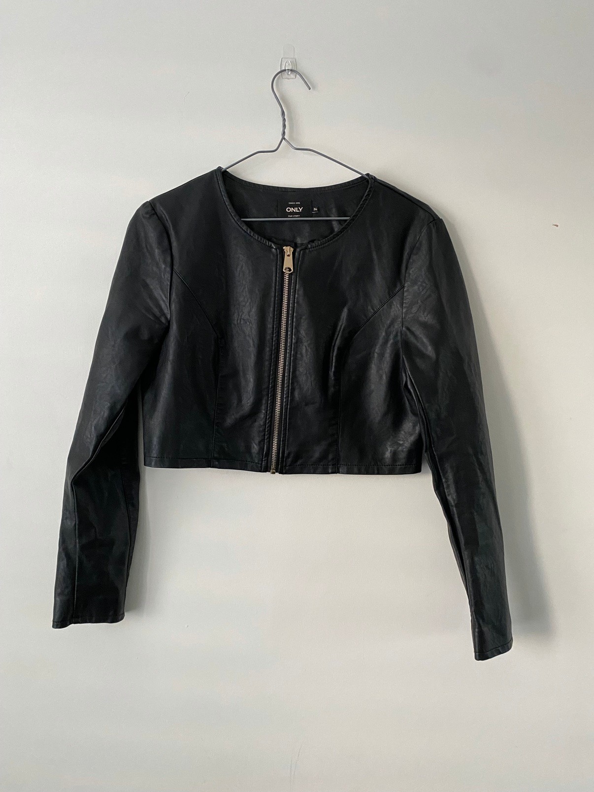 ONLY Black Faux-Leather Cropped Jacket, Size 36