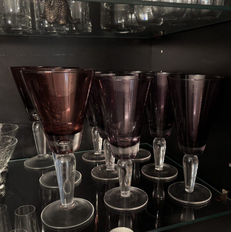 Vintage Set of 9 Purple Amethyst Glass Goblets with Clear Stems