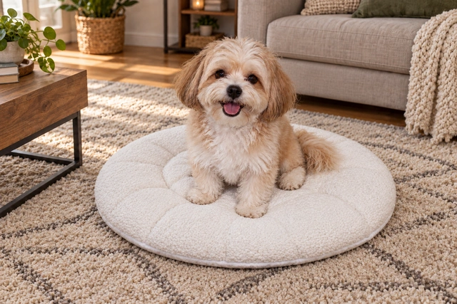 Round White Faux Fur Dog Bed Cushion Medium (Excellent Condition