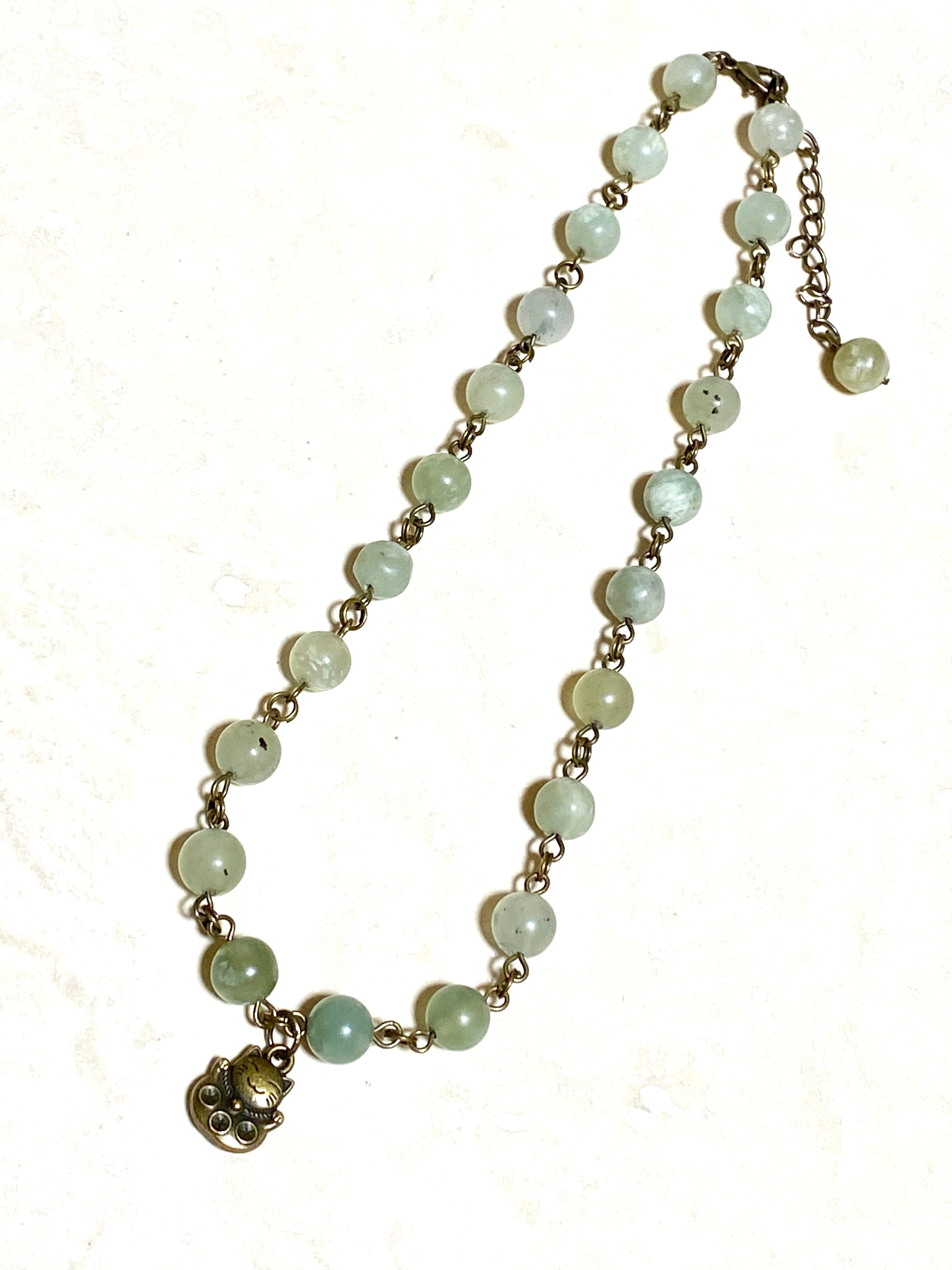Mint Green Serpentine Short Necklace, Bronze Fortune Cat Pendant - photo 5