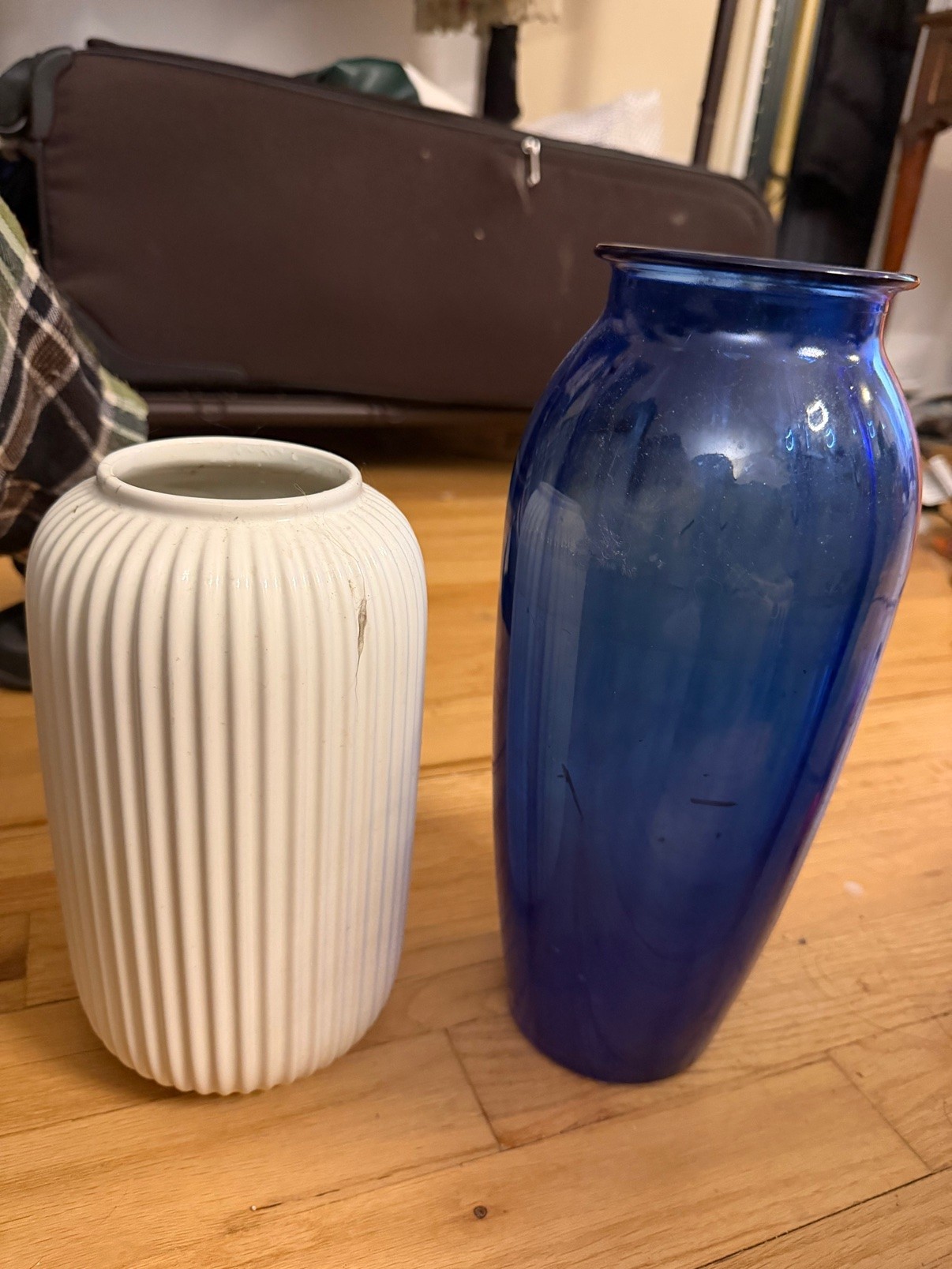 Two Vases-White Ribbed Ceramic + Cobalt Blue Glass-$10 for Both