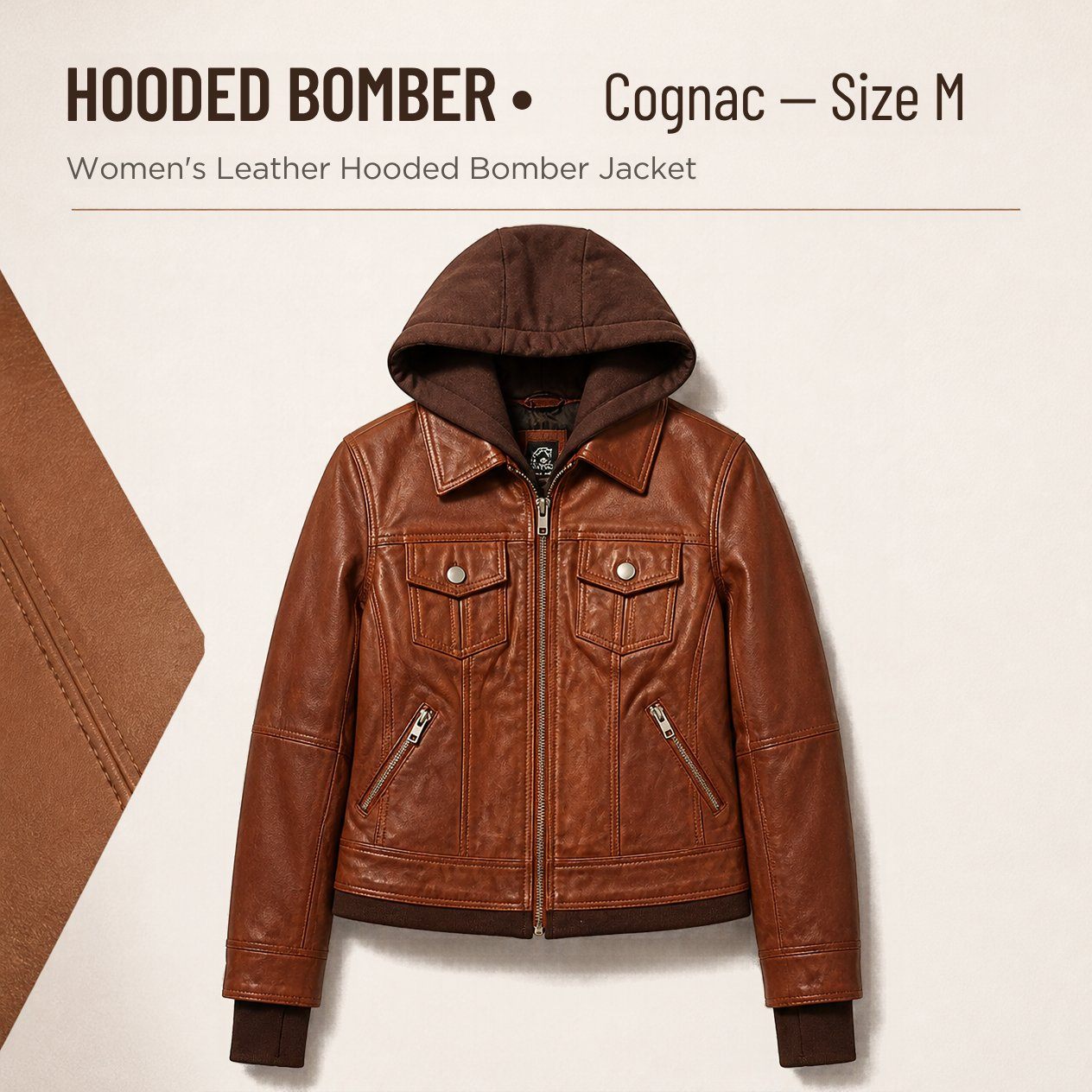 JKT-059 — Women's leather hooded bomber — brand new, size M