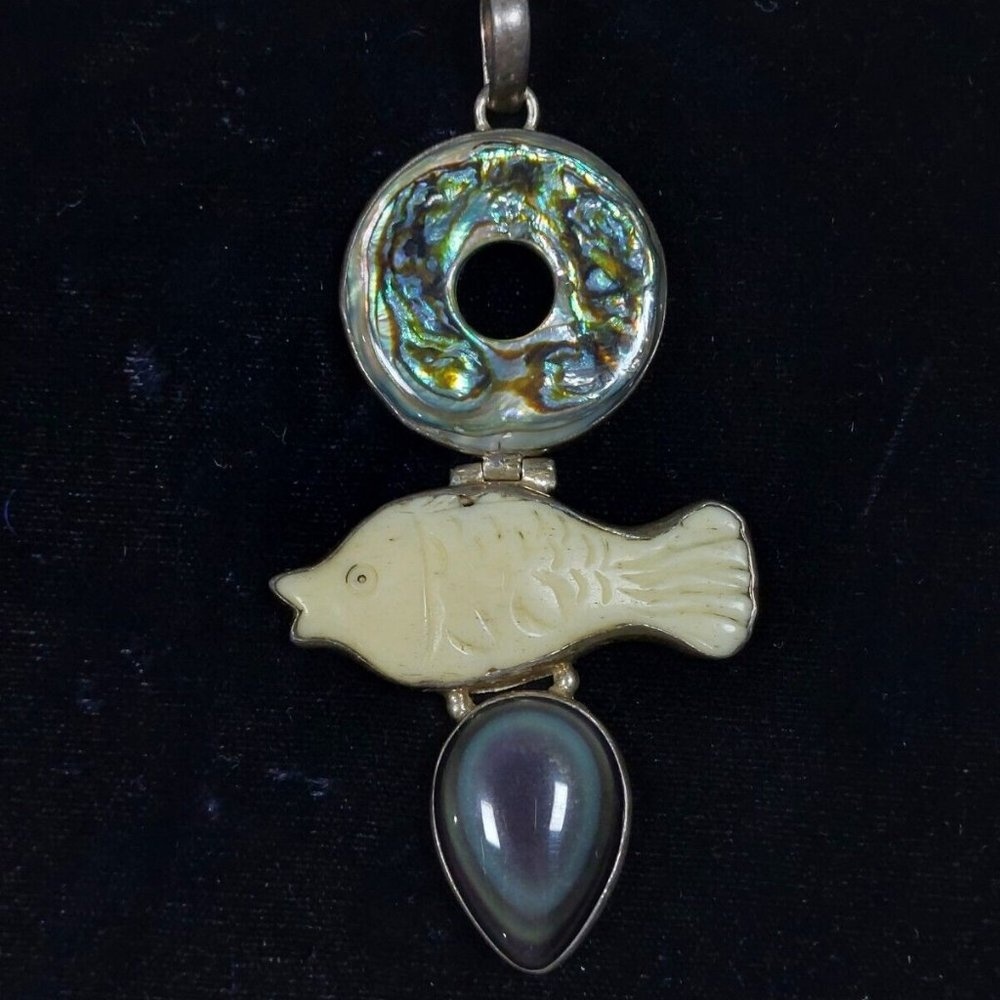 Sterling Silver 925 Abalone Shell Pendant W/ Gemstones Handmade - photo 2