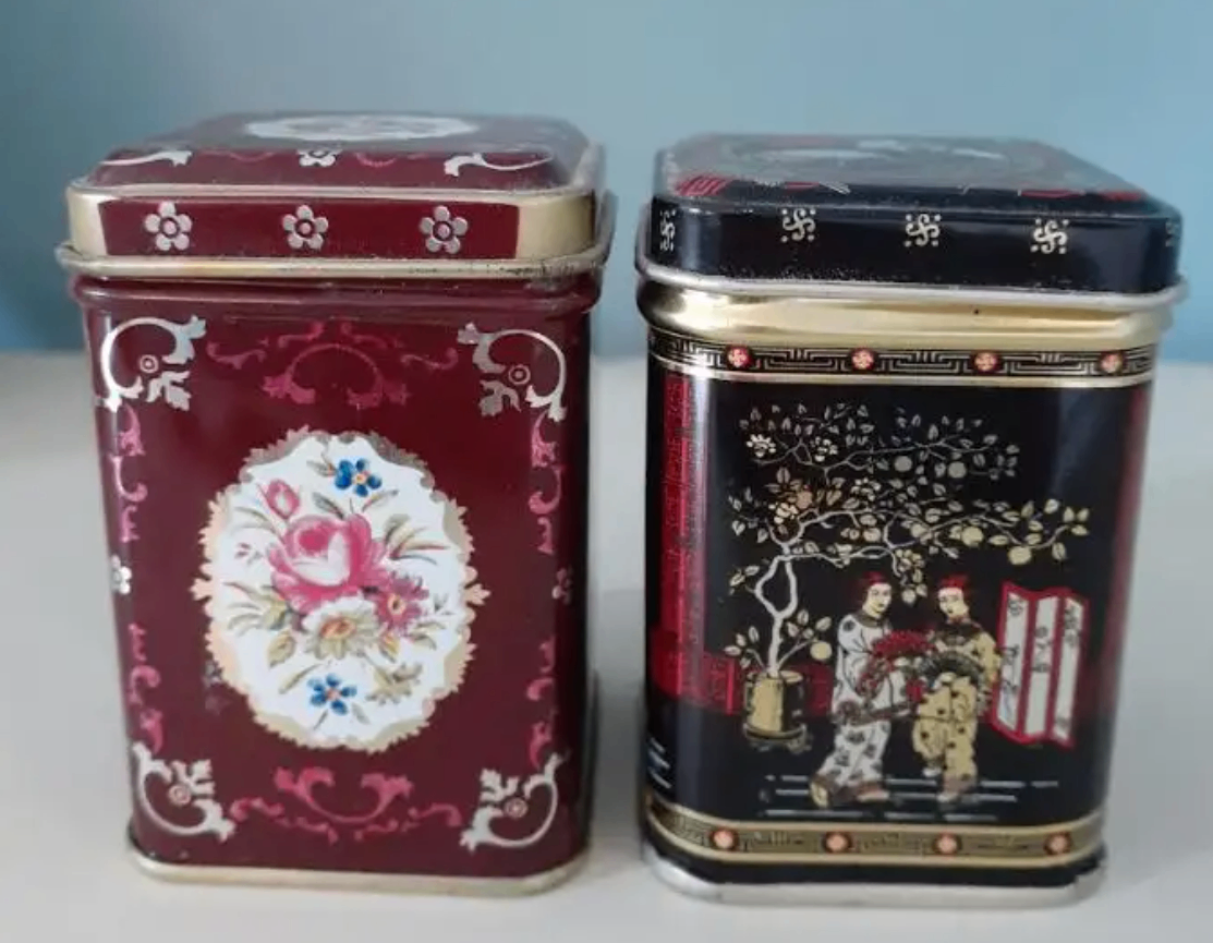 Vintage floral and Asian design small metal storage tins