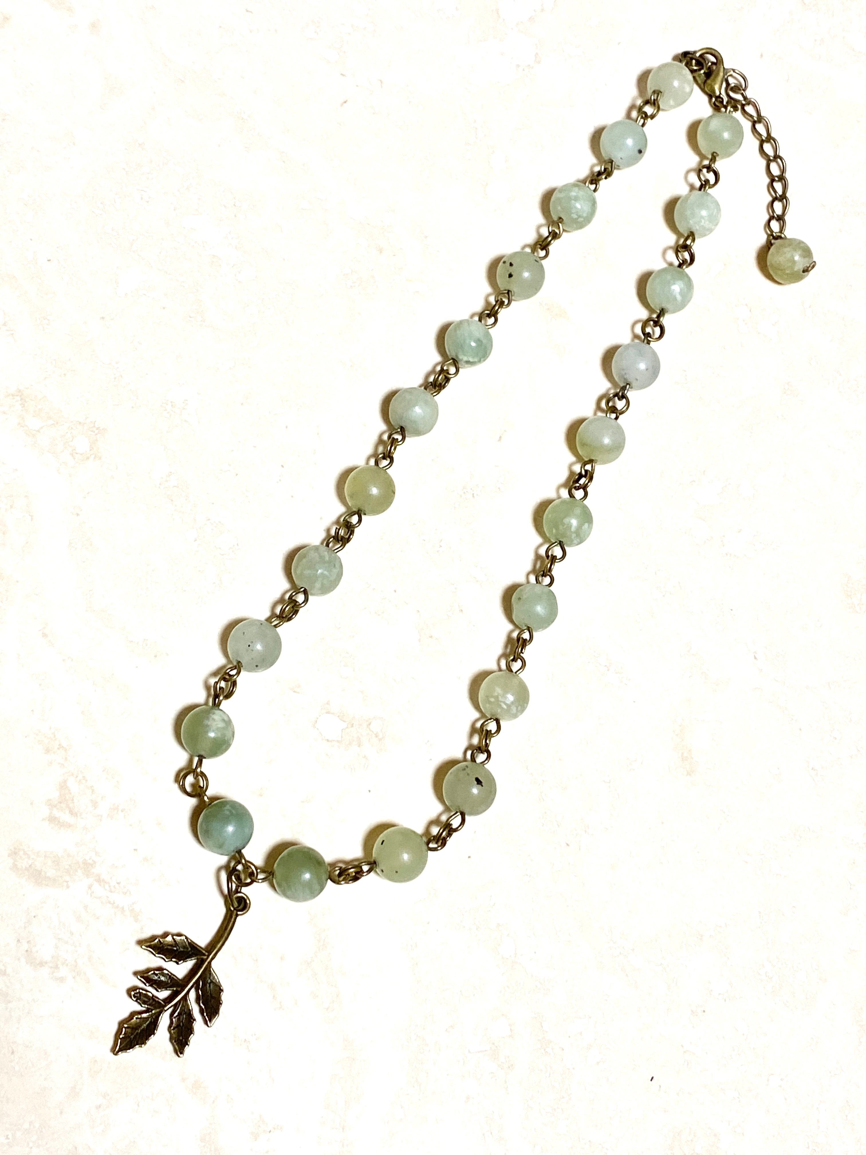 Mint Green Serpentine Short Necklace, Bronze Leaf Branch Pendant - photo 5