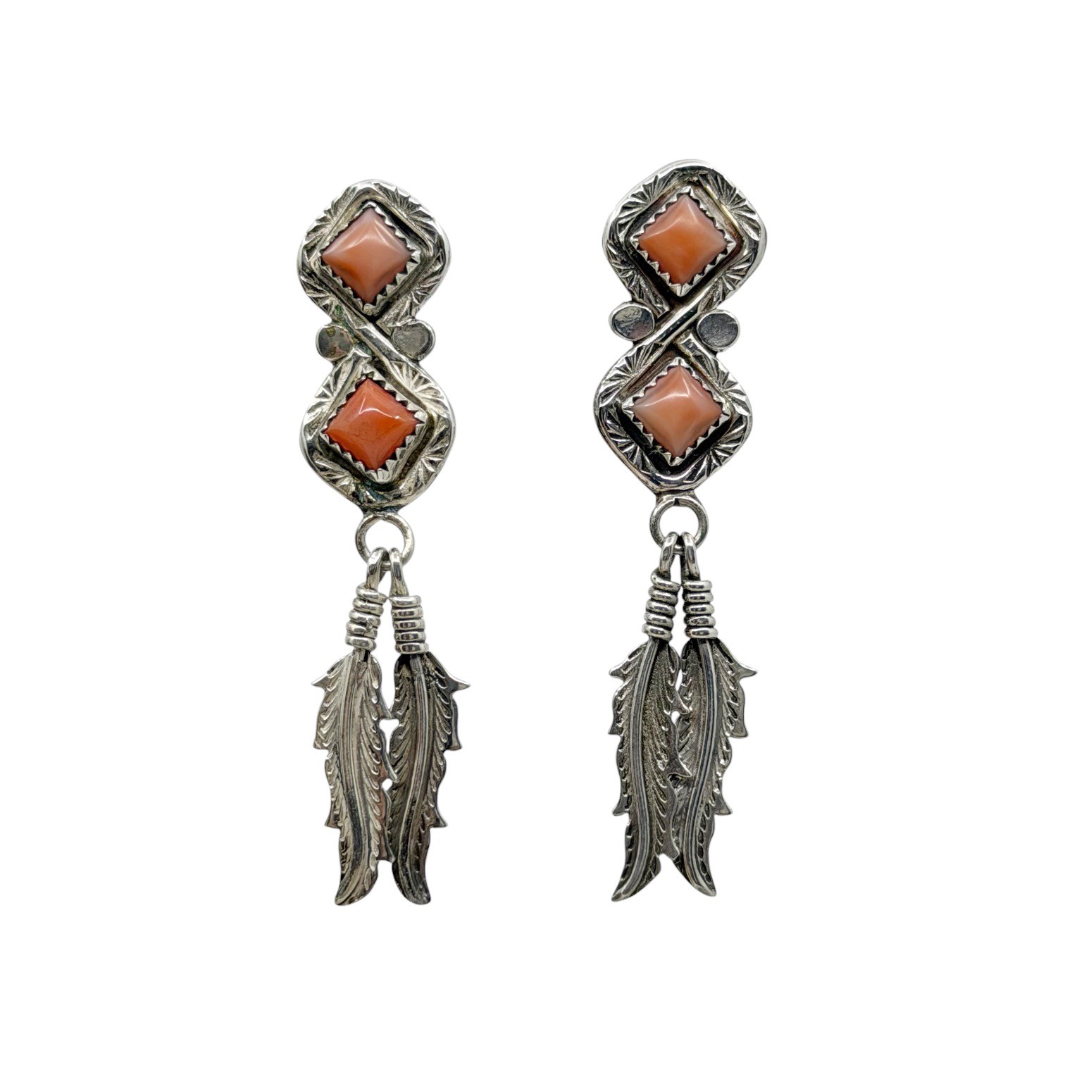 Navajo Fannie Platero sterling silver spiny oyster drop earrings