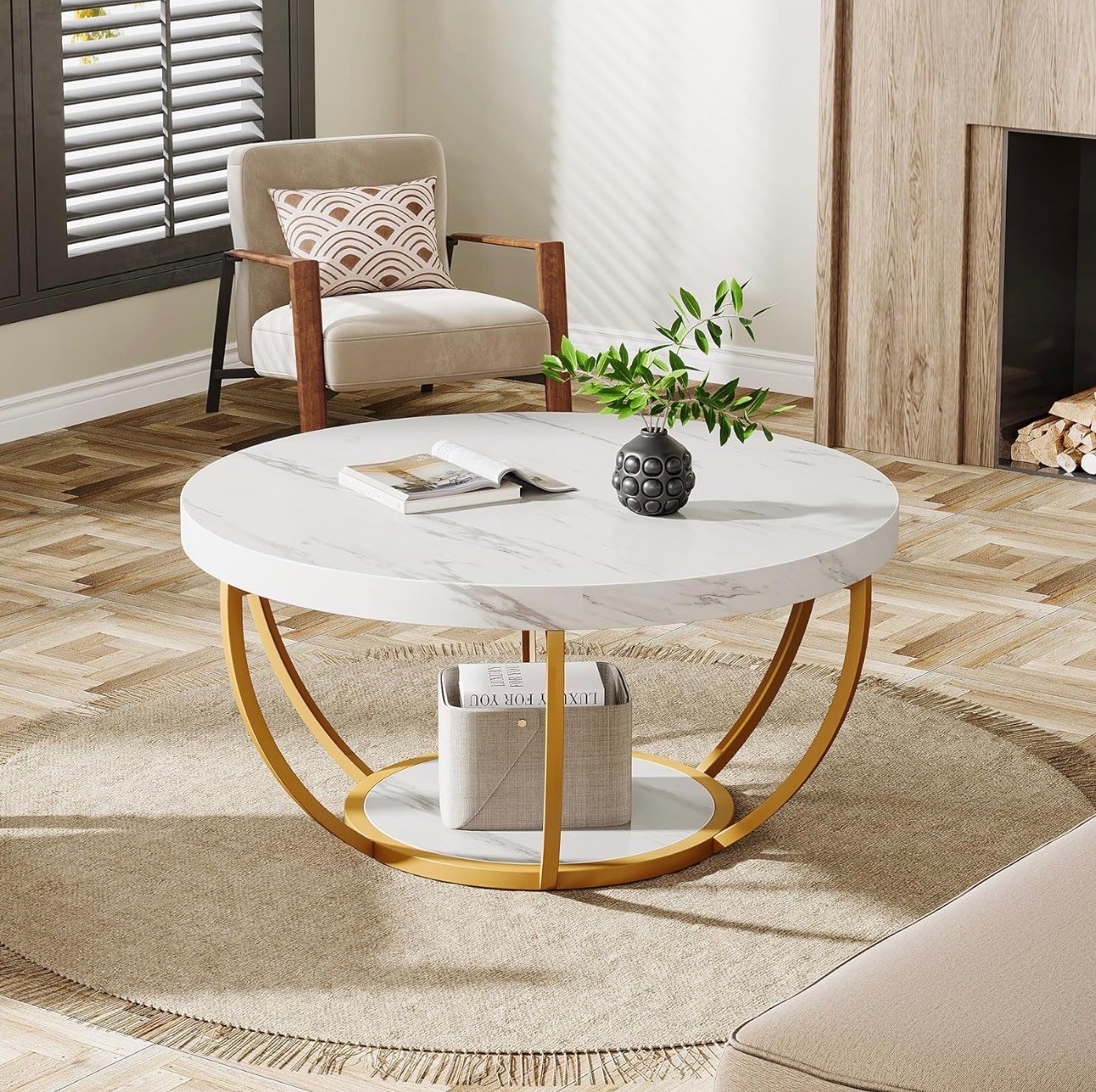 Round Faux-Marble Coffee Table – Gold Legs – Brand New - photo 4