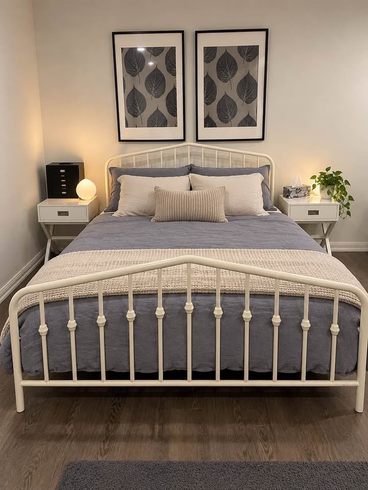 White Metal Queen Bed Frame + Mattress | No Box Spring Needed