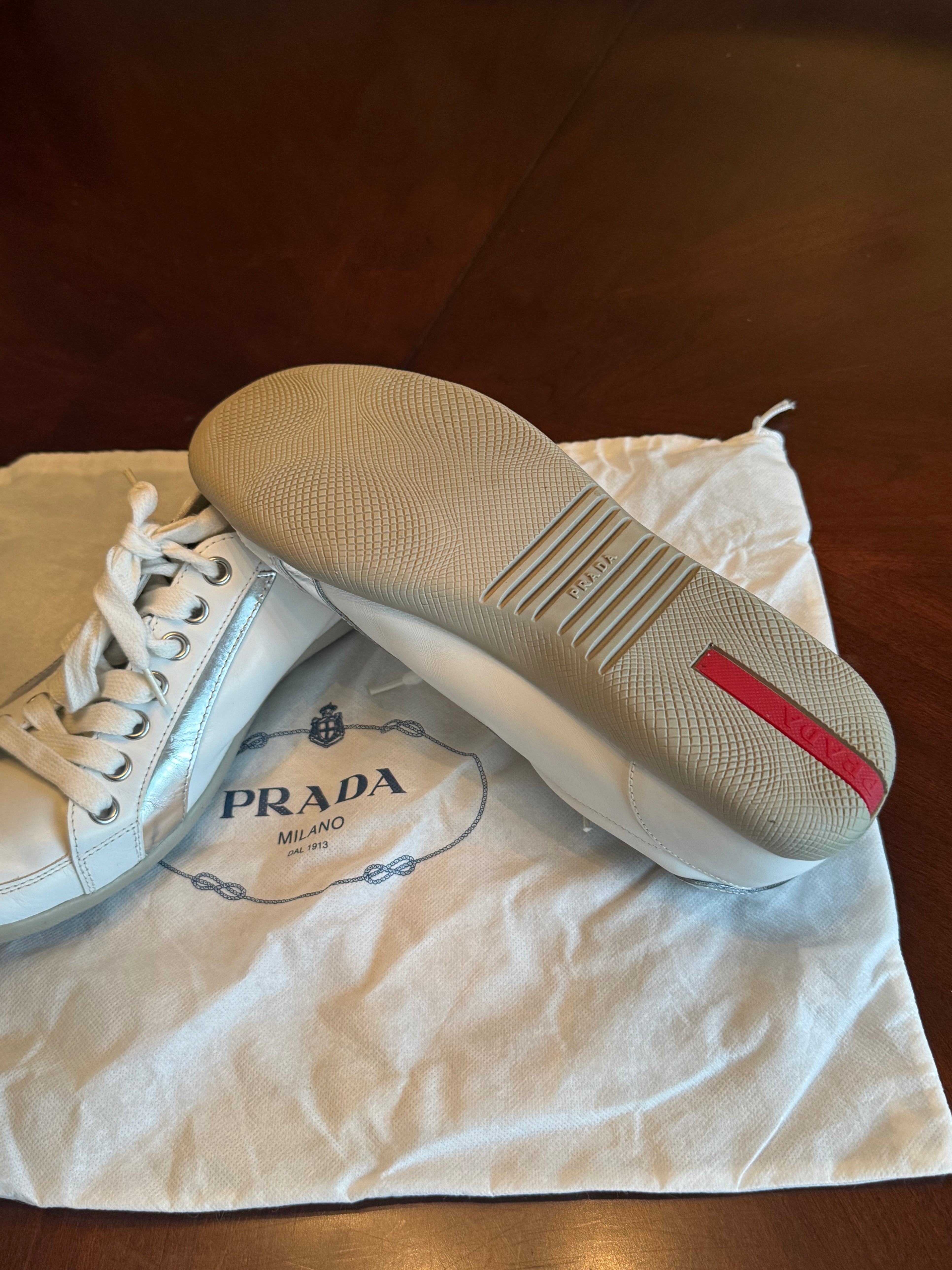 Prada mens white with silver stripes sport shoe - photo 2