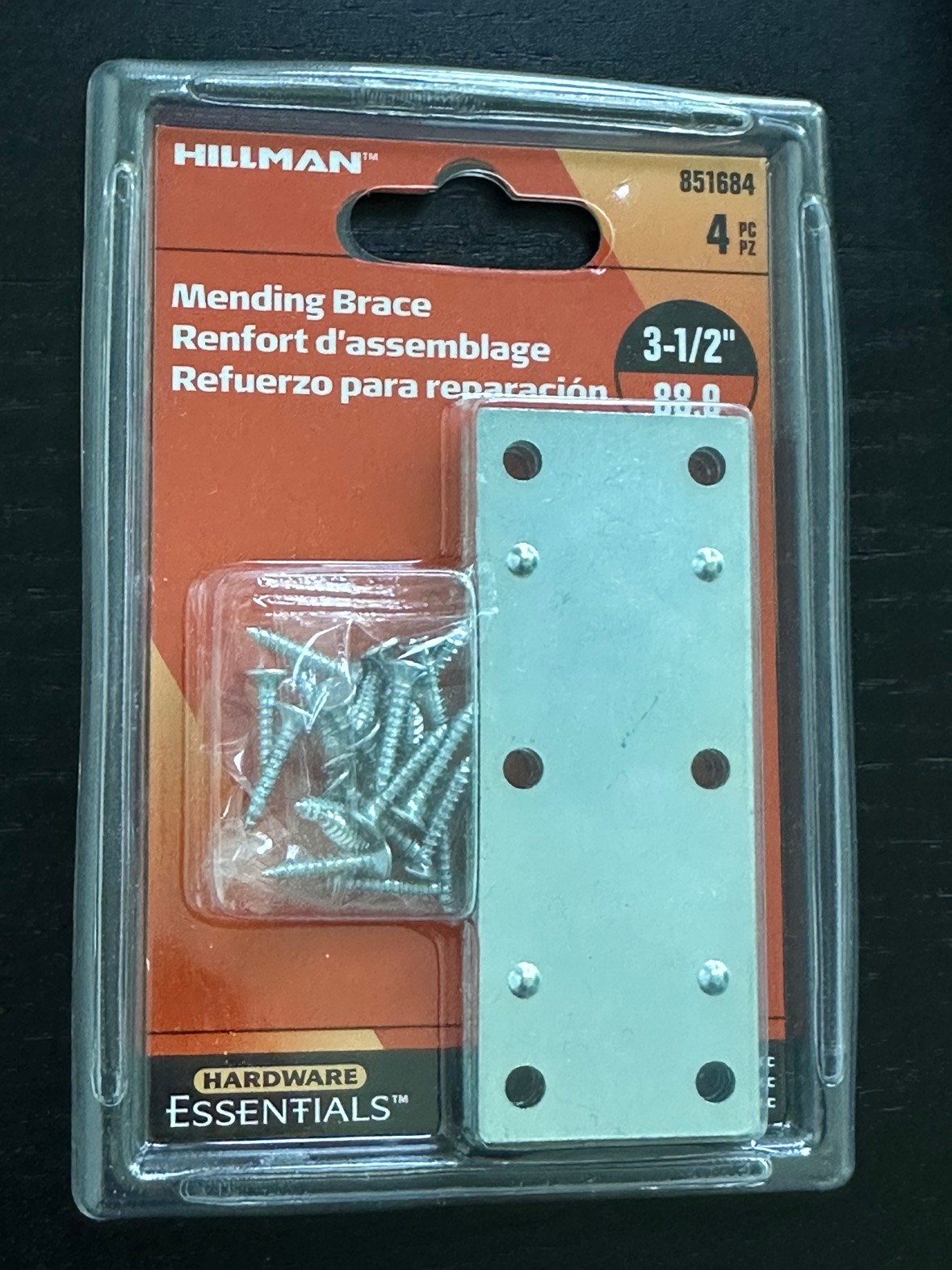 Hillman 3-1/2" Zinc Mending Brace 4-Pack with Screws, New Sealed