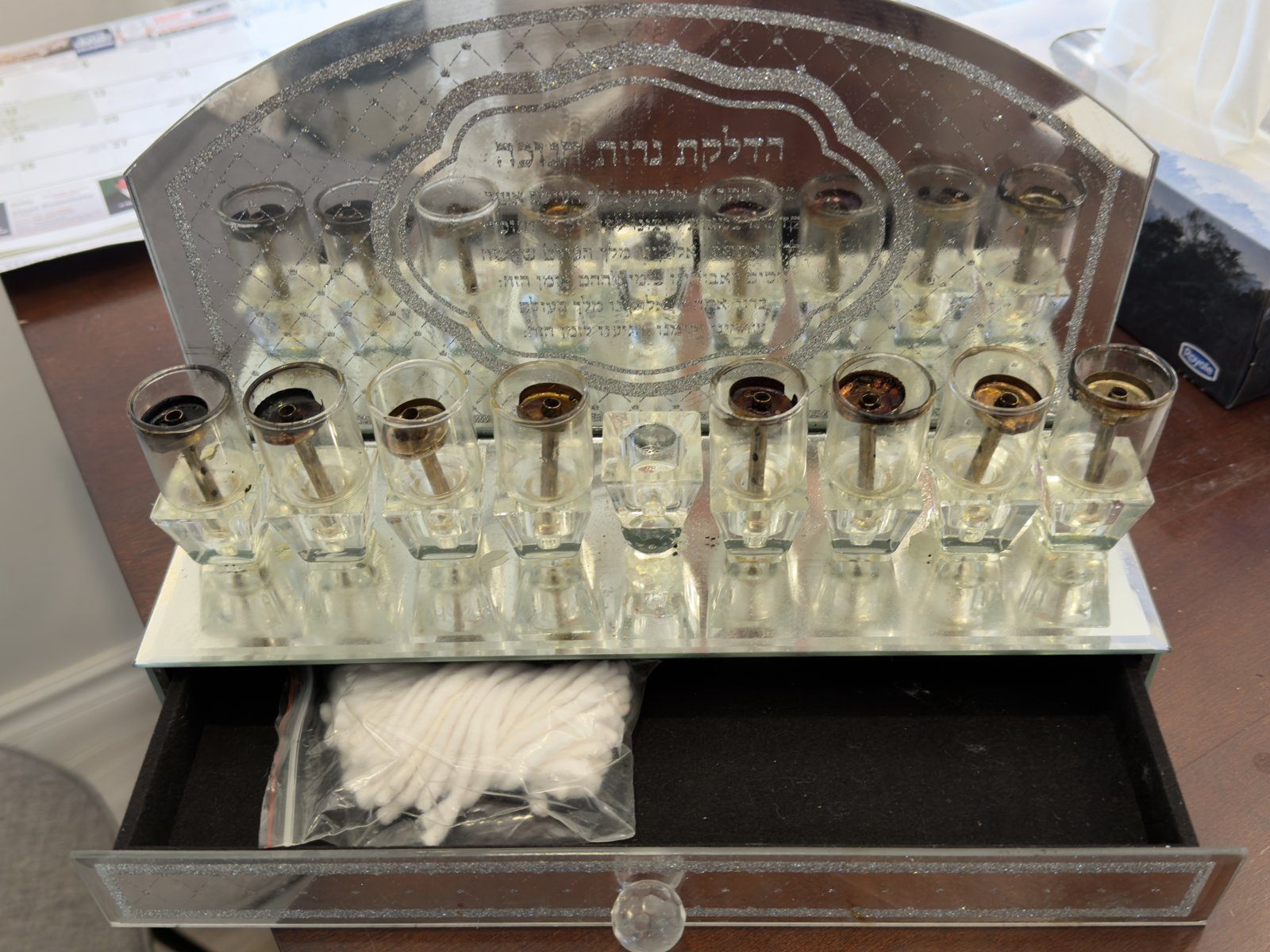 Hanukkah Oil Menorah – Mirror Glass with Drawer, Glass Oil Cups - photo 2