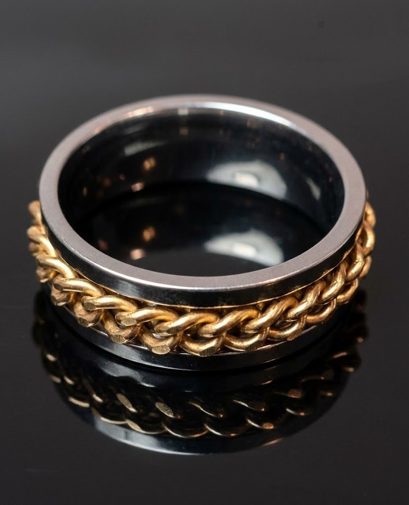 Two Tone Chain Spinner Ring, Gold Silver Stainless Steel Fidget