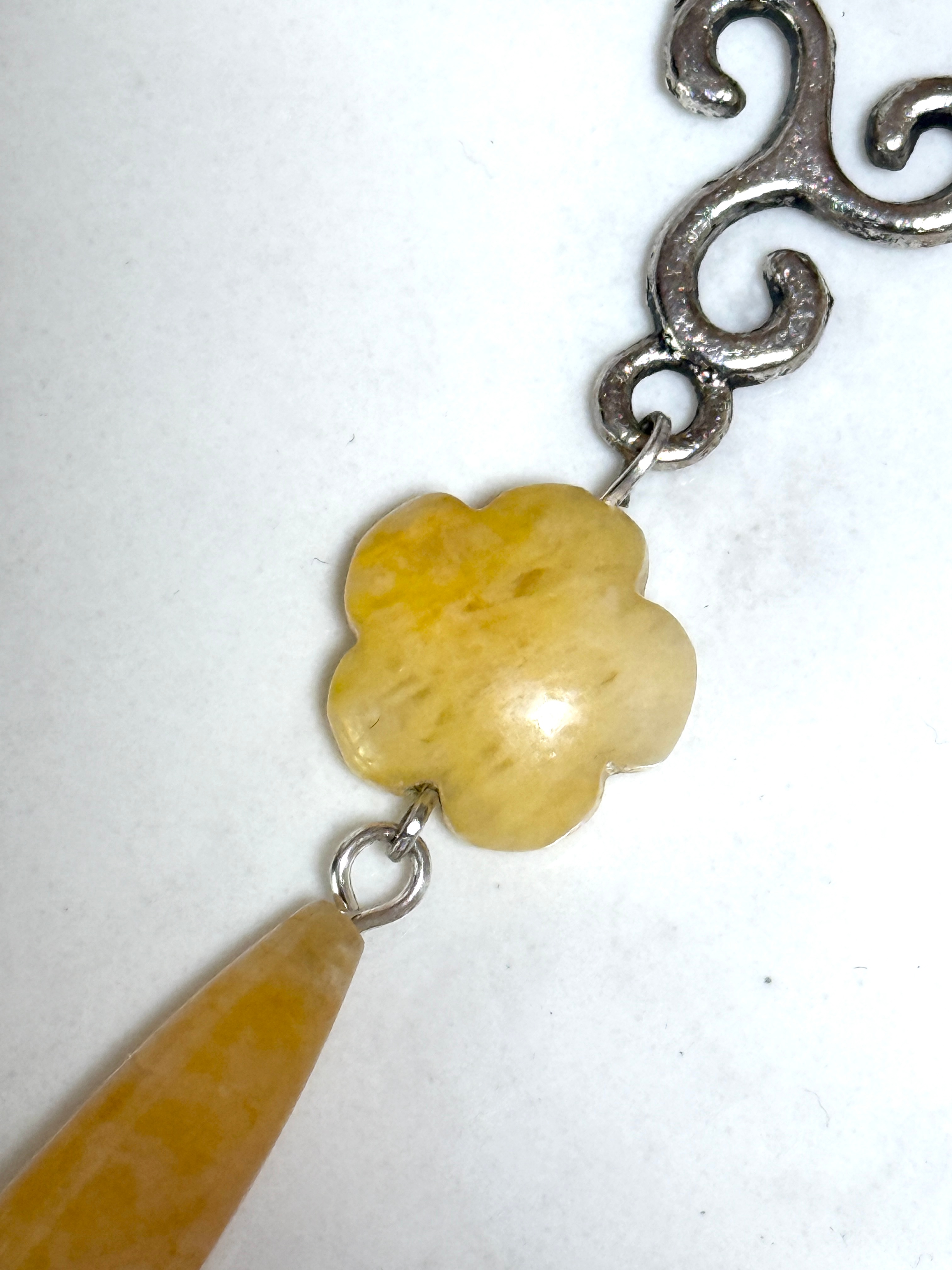 Yellow Orange Aventurine Flower Necklace, Black Cord Necklace - photo 4